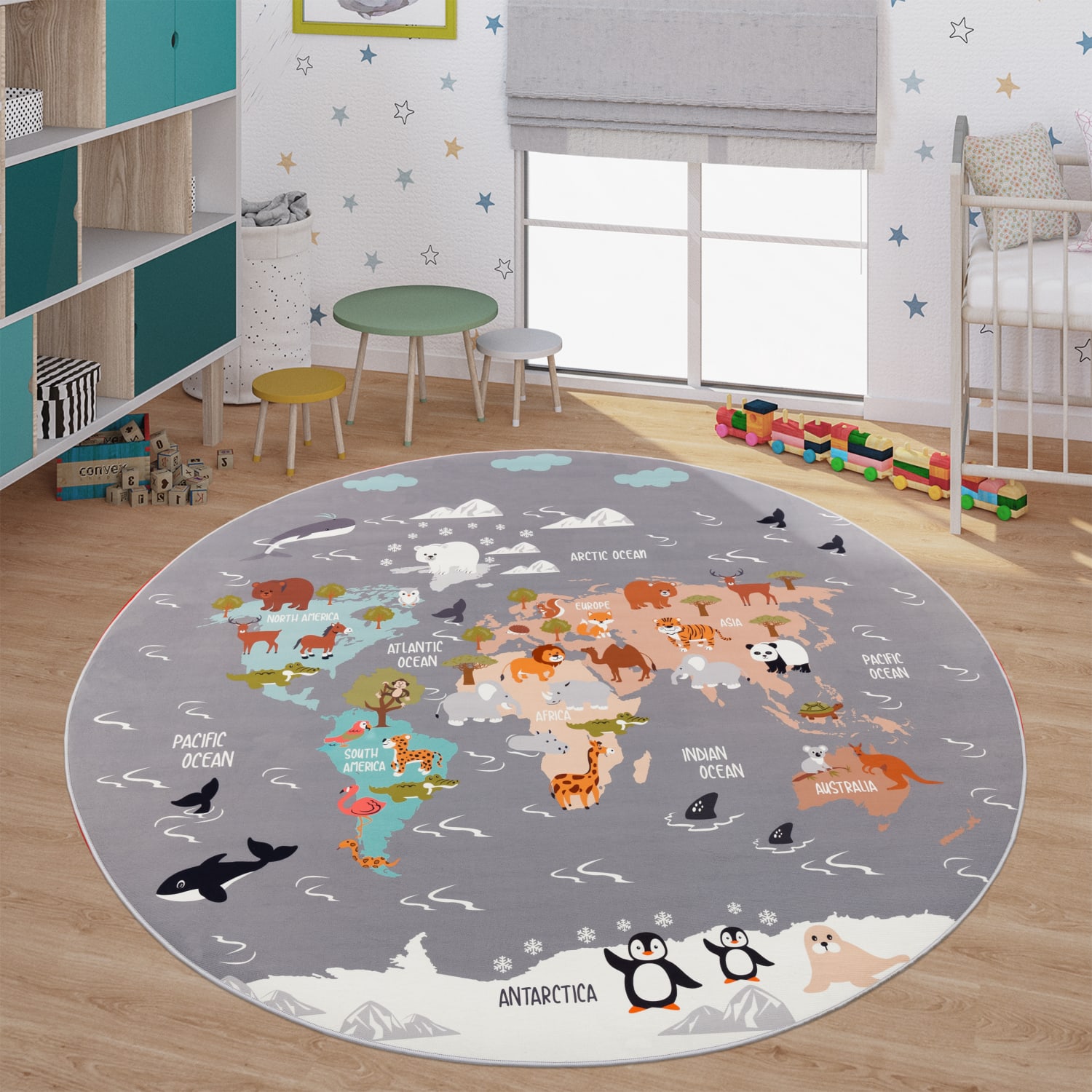 Kinderzimmerteppich Teppich Junge Mädchen Kinderteppich Rutschfest Tiere Erde 160 Cm X 160 Cm Grau Rund
