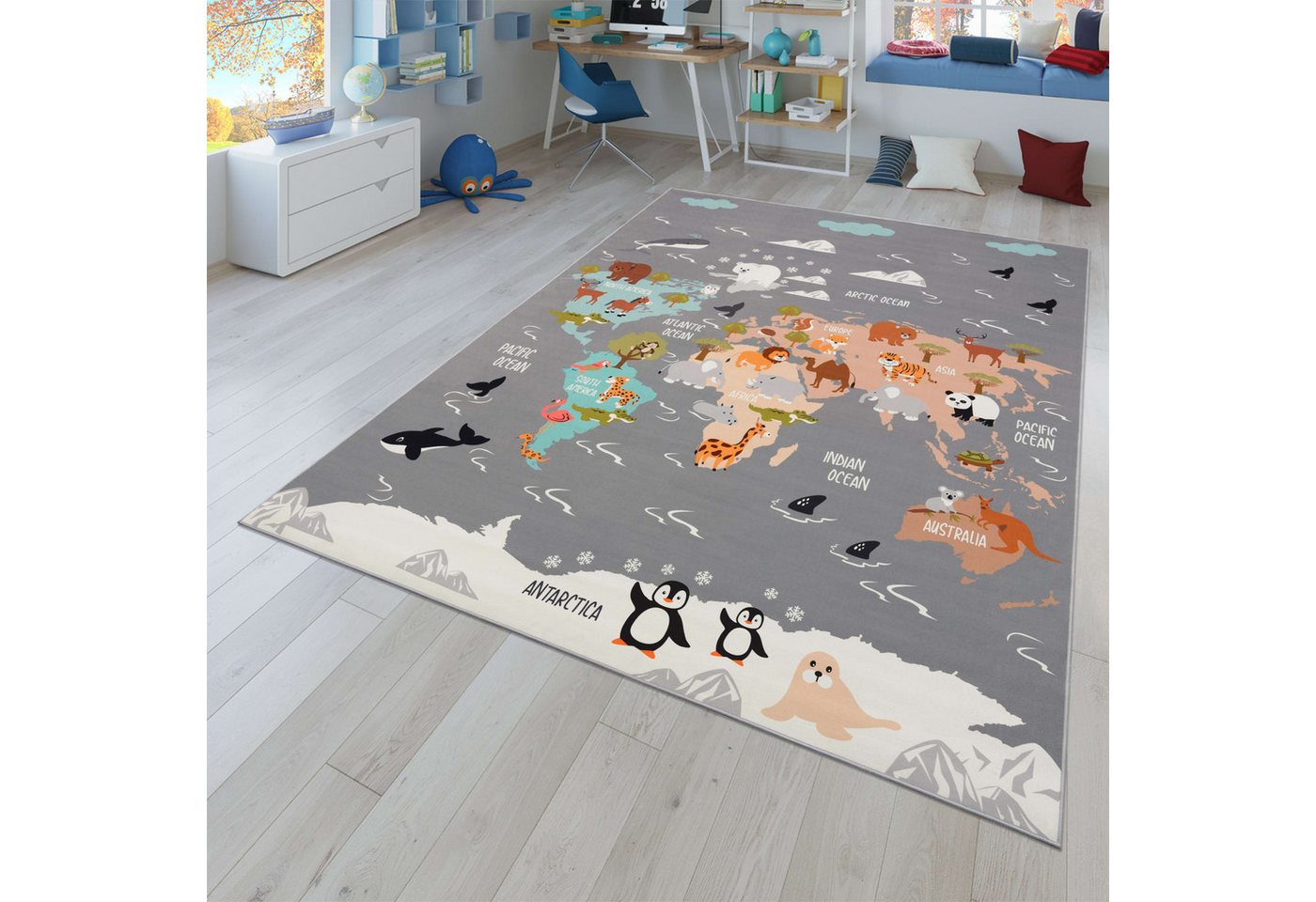 Kinderzimmerteppich Teppich Junge Mädchen Kinderteppich Rutschfest Tiere Erde 120 Cm X 160 Cm Grau Rechteckig Bild 2