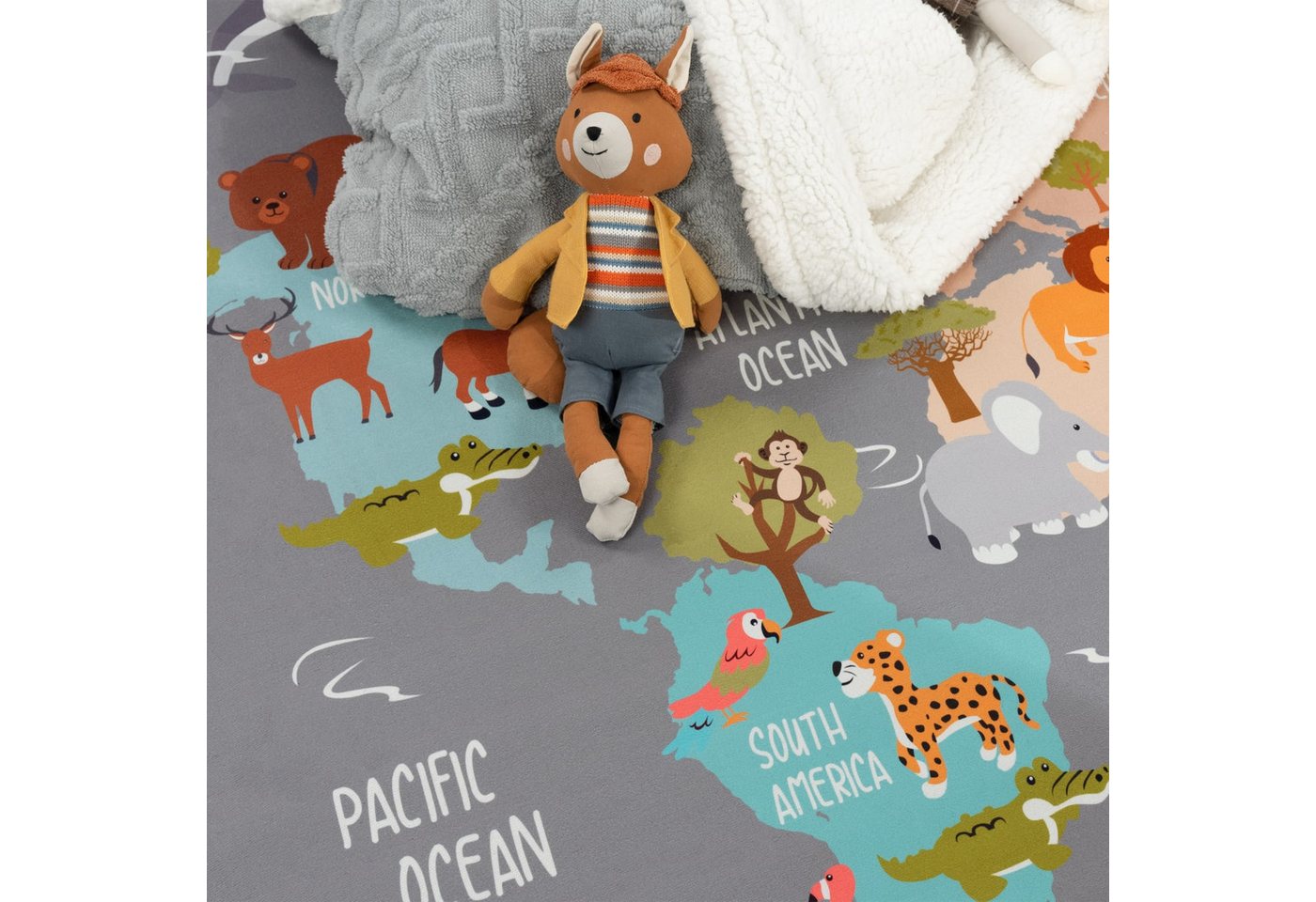 Kinderzimmerteppich Teppich Junge Mädchen Kinderteppich Rutschfest Tiere Erde 120 Cm X 160 Cm Grau Rechteckig Bild 5