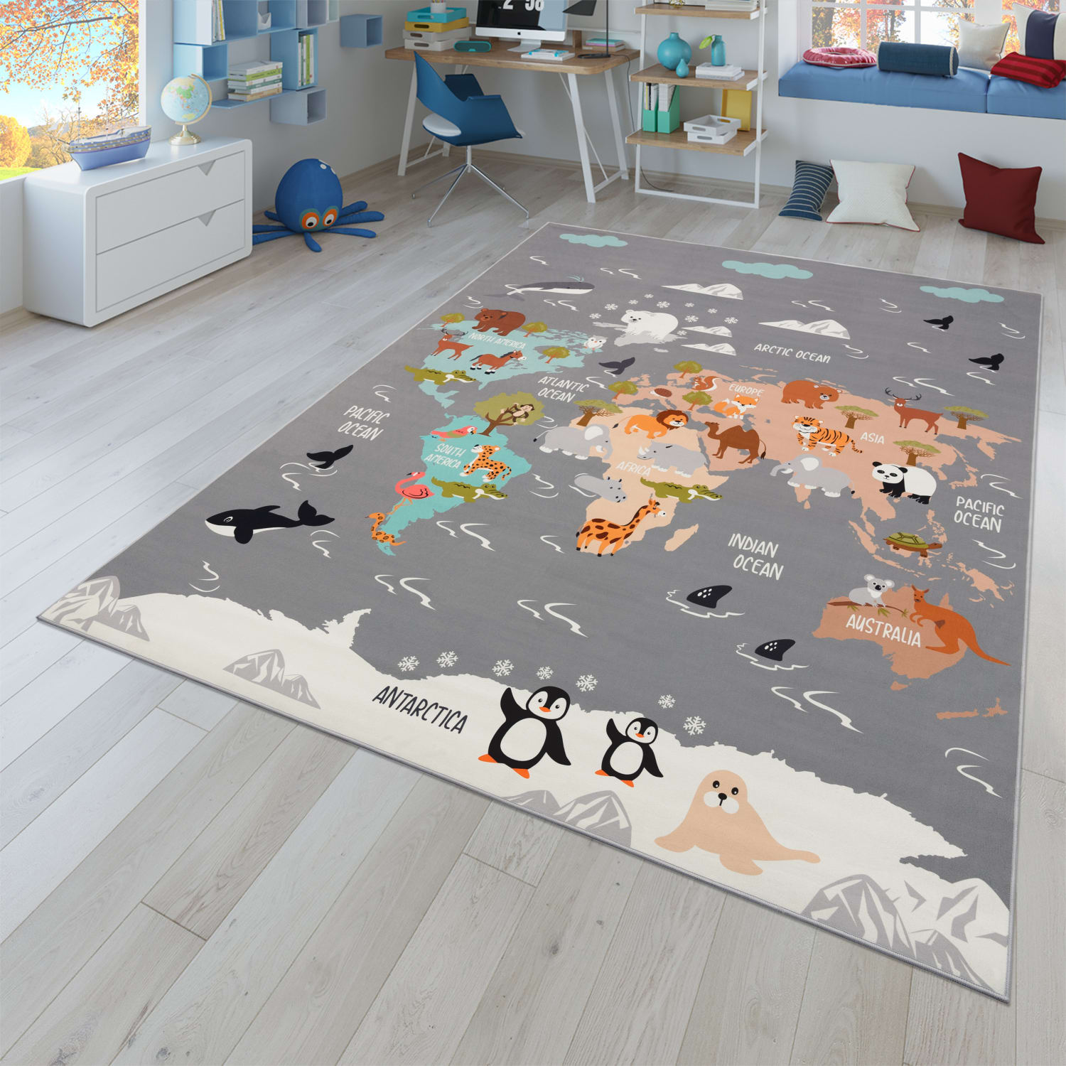 Kinderzimmerteppich Teppich Junge Mädchen Kinderteppich Rutschfest Tiere Erde 140 Cm X 200 Cm Grau Rechteckig