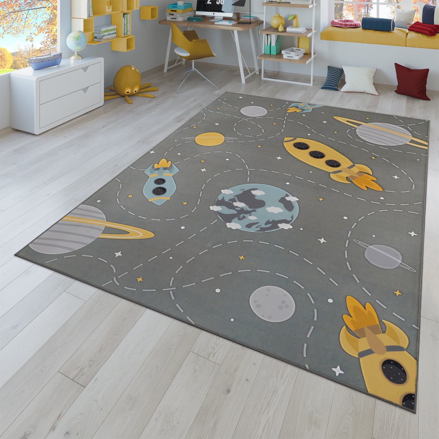 Kinderzimmerteppich Teppich Kinderteppich Rutschfest Planeten Sterne Raketen 200 Cm X 200 Cm Grau Quadrat
