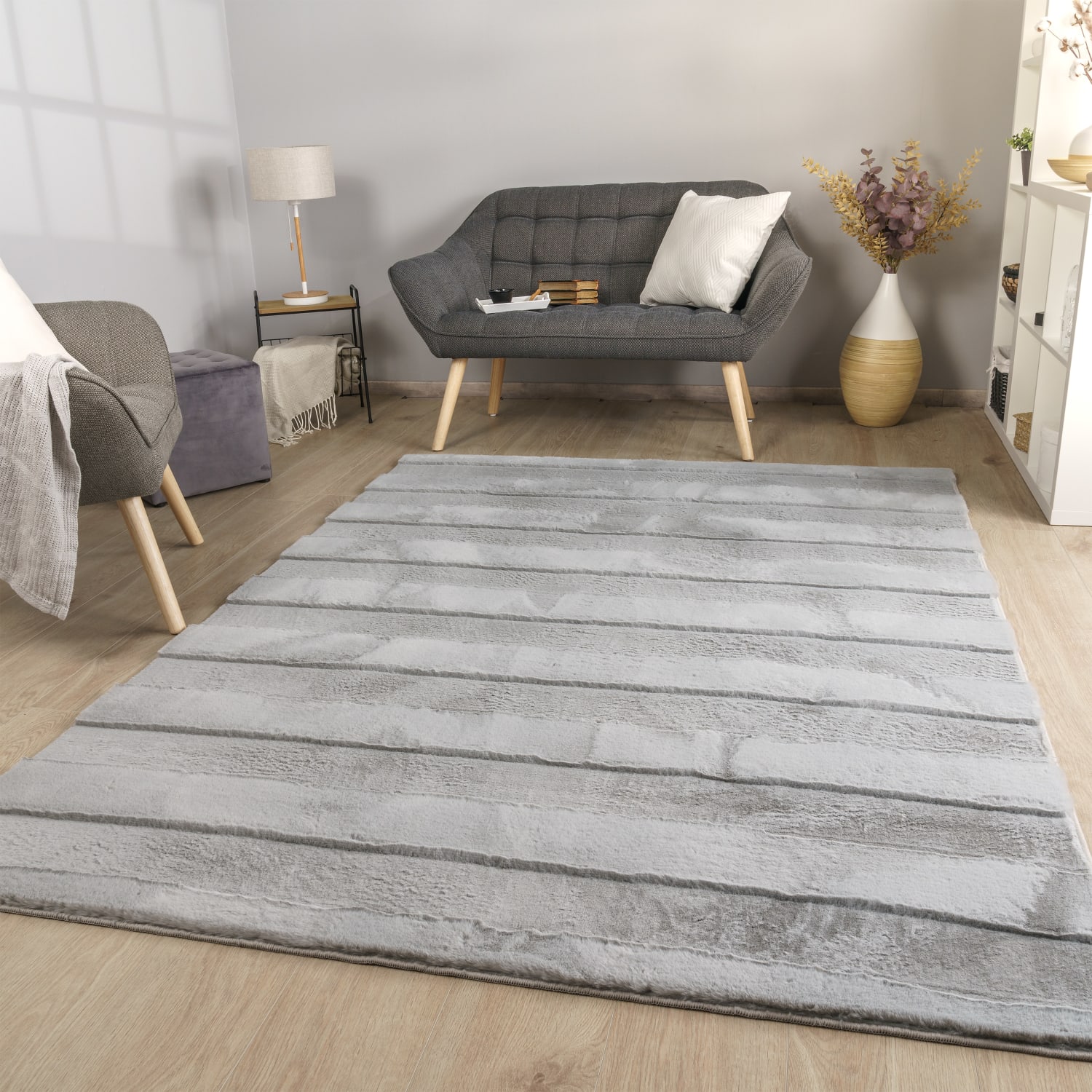Wohnzimmer Teppich Esszimmer Langflor Streifen Design Boho Skandi Optik Uni 80 Cm X 150 Cm X 26 Mm Grau Rechteckig