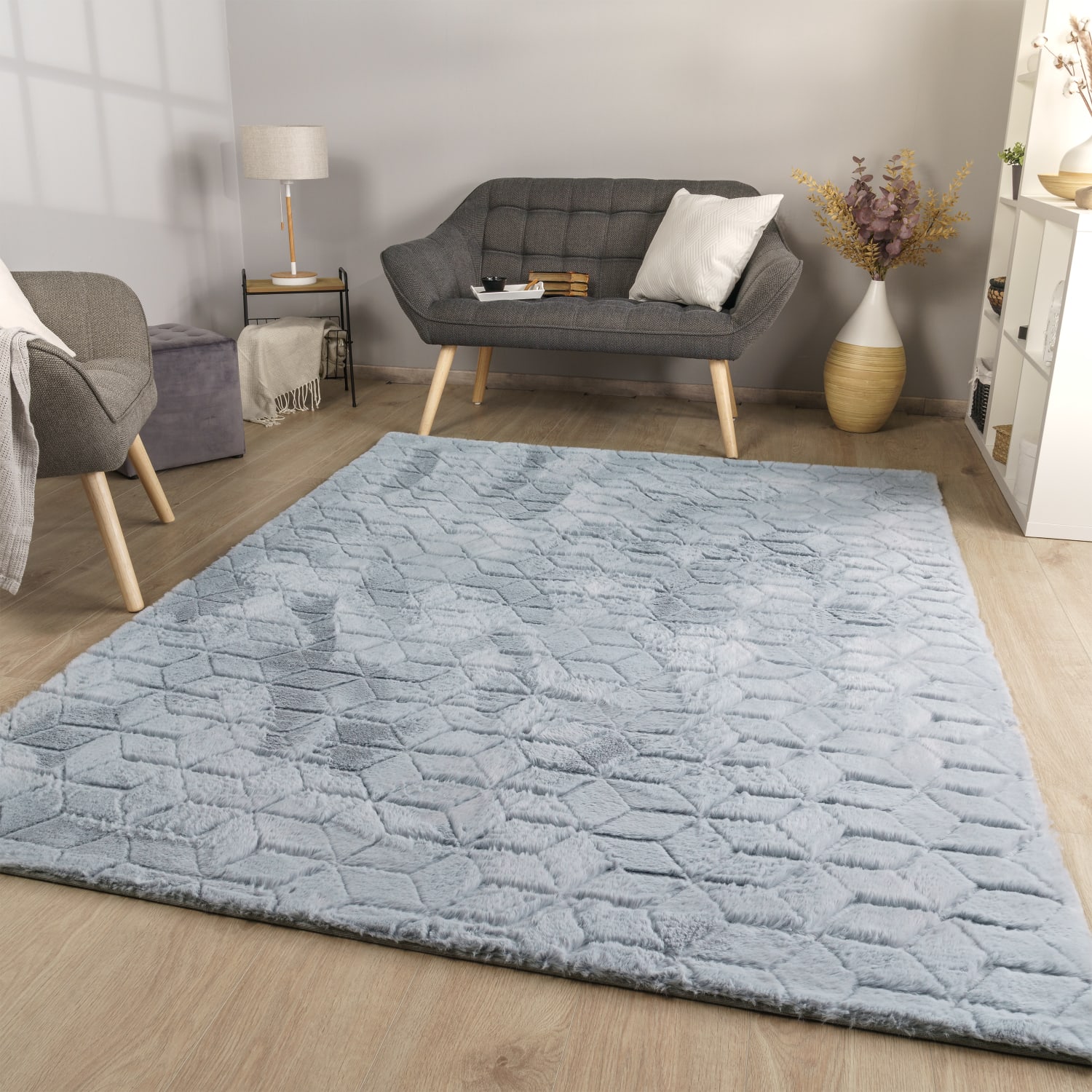 Wohnzimmer Teppich Esszimmer Langflor Geometrisches Design Skandi Moder 3d Uni 200 Cm X 280 Cm X 26 Mm Grau Rechteckig