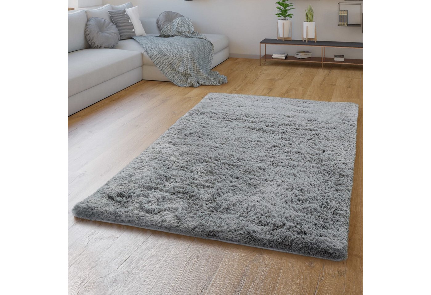 Teppich Wohnzimmer Hochflor Langflor Weich Soft Modernes Einfarbiges Design 60 Cm X 100 Cm X 37 Mm Grau Rechteckig
