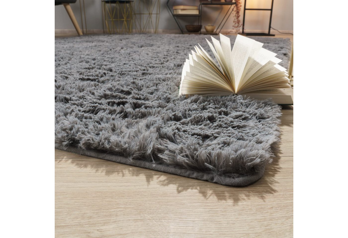 Teppich Wohnzimmer Hochflor Langflor Weich Soft Modernes Einfarbiges Design 60 Cm X 100 Cm X 37 Mm Grau Rechteckig Bild 2