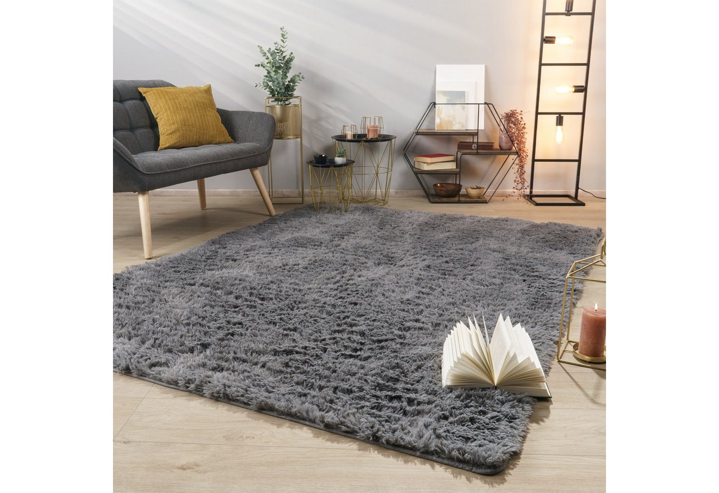 Teppich Wohnzimmer Hochflor Langflor Weich Soft Modernes Einfarbiges Design 60 Cm X 100 Cm X 37 Mm Grau Rechteckig Bild 4