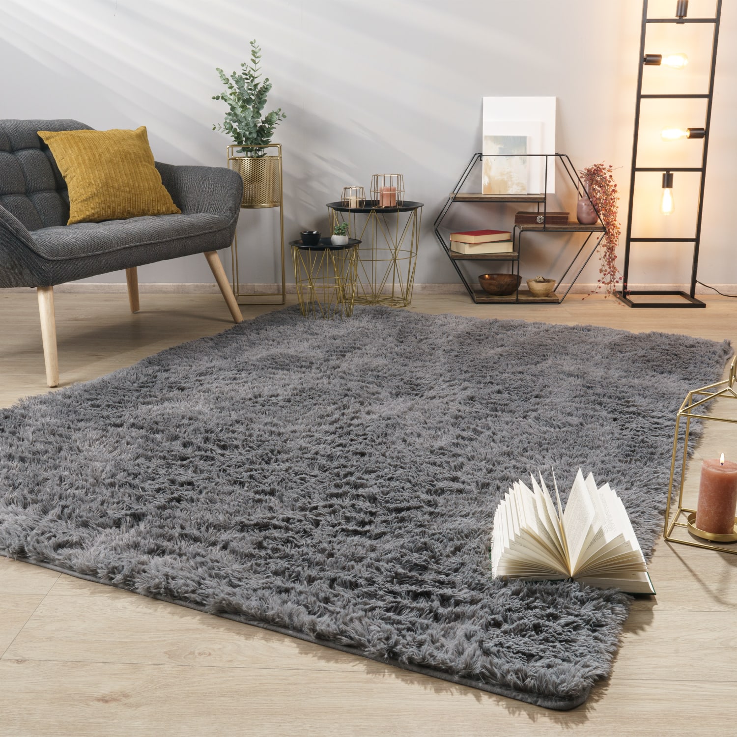 Teppich Wohnzimmer Hochflor Langflor Weich Soft Modernes Einfarbiges Design 80 Cm X 150 Cm X 37 Mm Grau Rechteckig