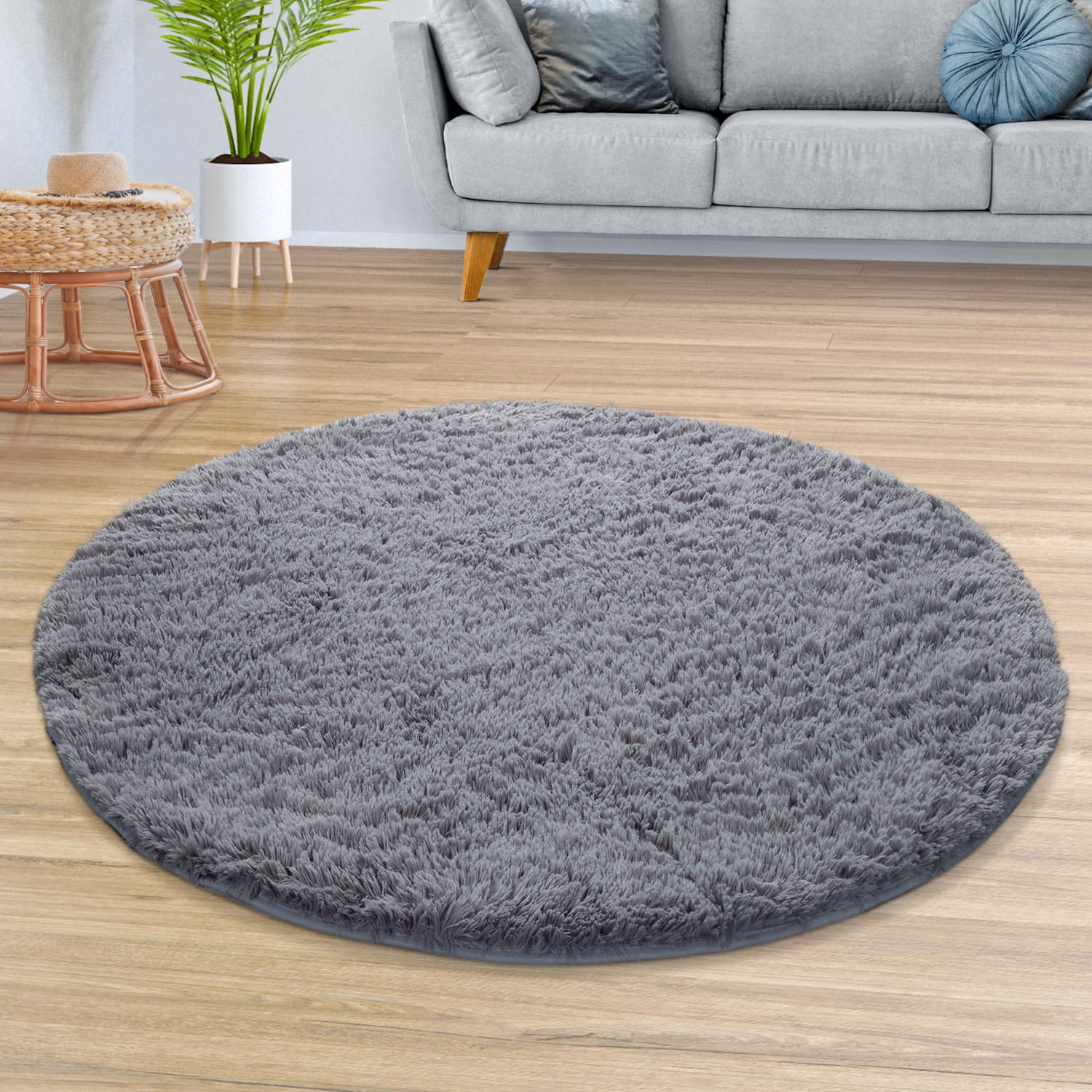 Teppich Wohnzimmer Hochflor Langflor Weich Soft Modernes Einfarbiges Design 160 Cm X 160 Cm X 37 Mm Grau Rund