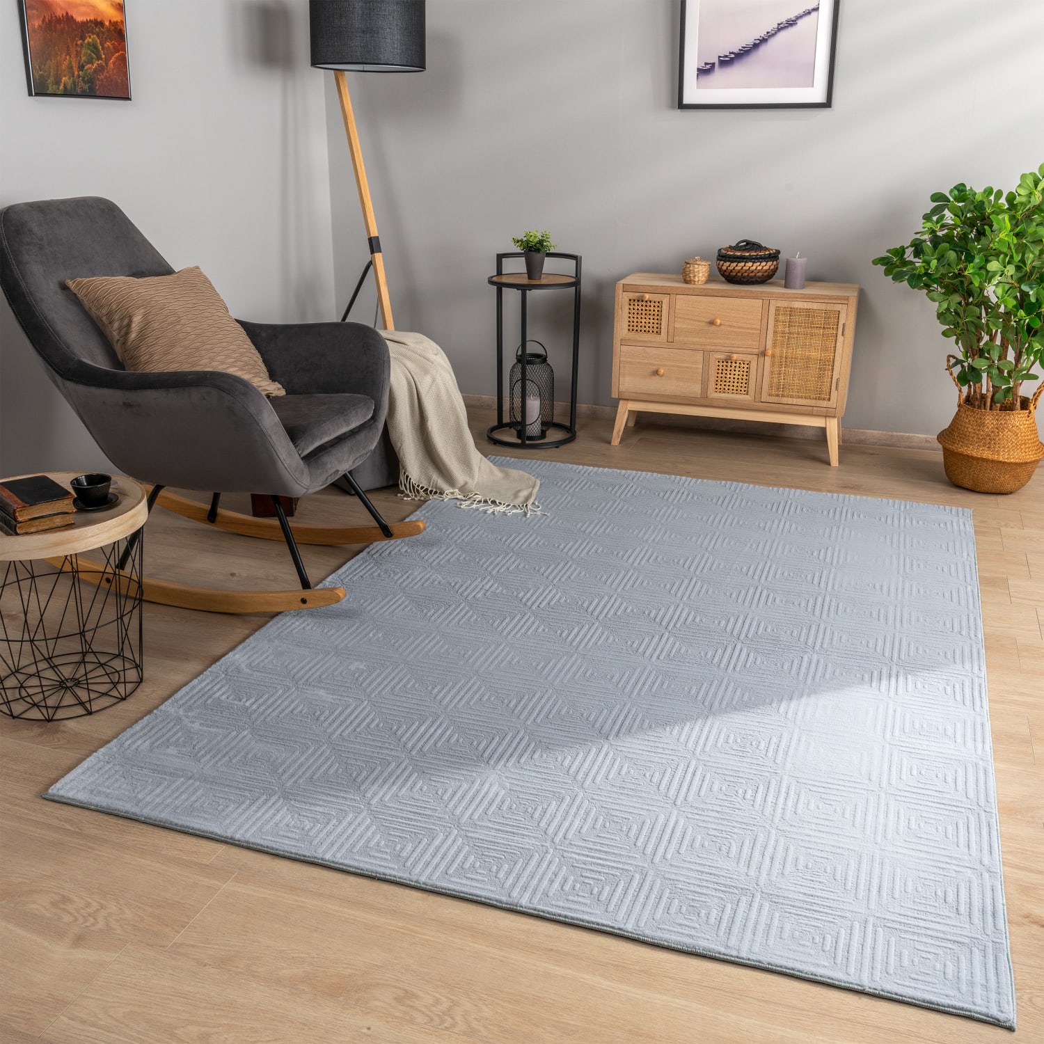 Wohnzimmer Teppich Esszimmer Kurzflor Geometrische Optik Skandi Boho Unifarben 60 Cm X 100 Cm X 14 Mm Grau Rechteckig