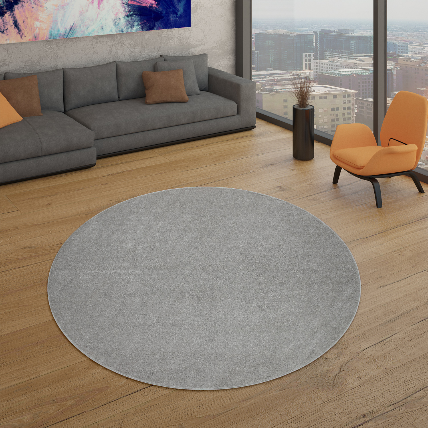 Wohnzimmer Teppich Kurflor Unifarbendes Design Modern Und Zeitlos 160 Cm X 160 Cm X 12 Mm Silber Rund