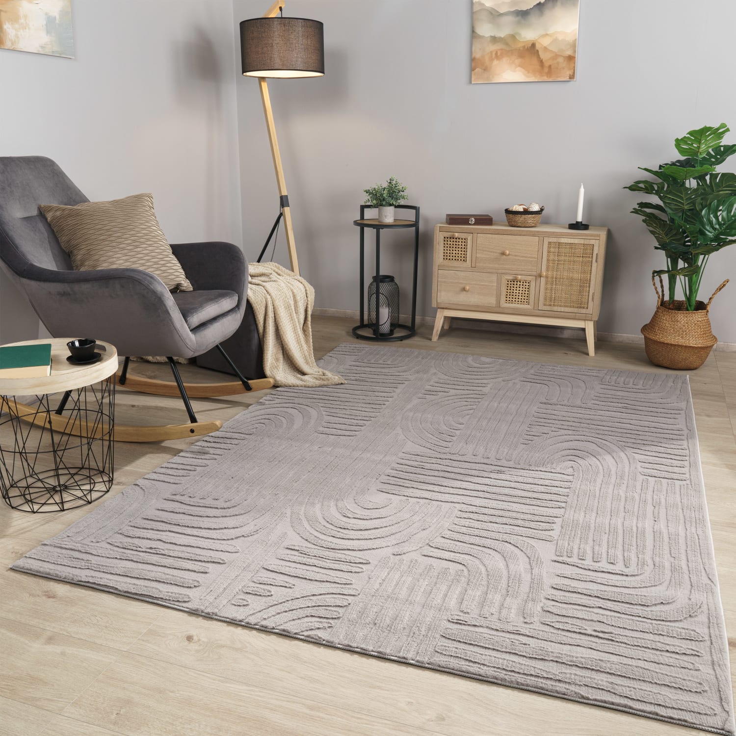 Wohnzimmer Teppich Esszimmer Kurzflor Geometrische Optik Skandi Boho Unifarben 80 Cm X 150 Cm X 14 Mm Grau Rechteckig