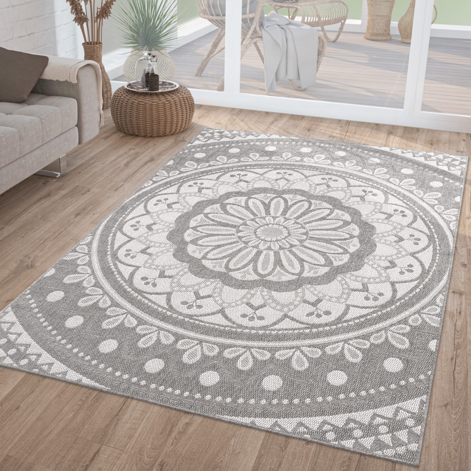In-& Outdoorteppich Wetterfest Garten Orientalisches Marokkanisches Boho Design 160 Cm X 220 Cm Grau Rechteckig