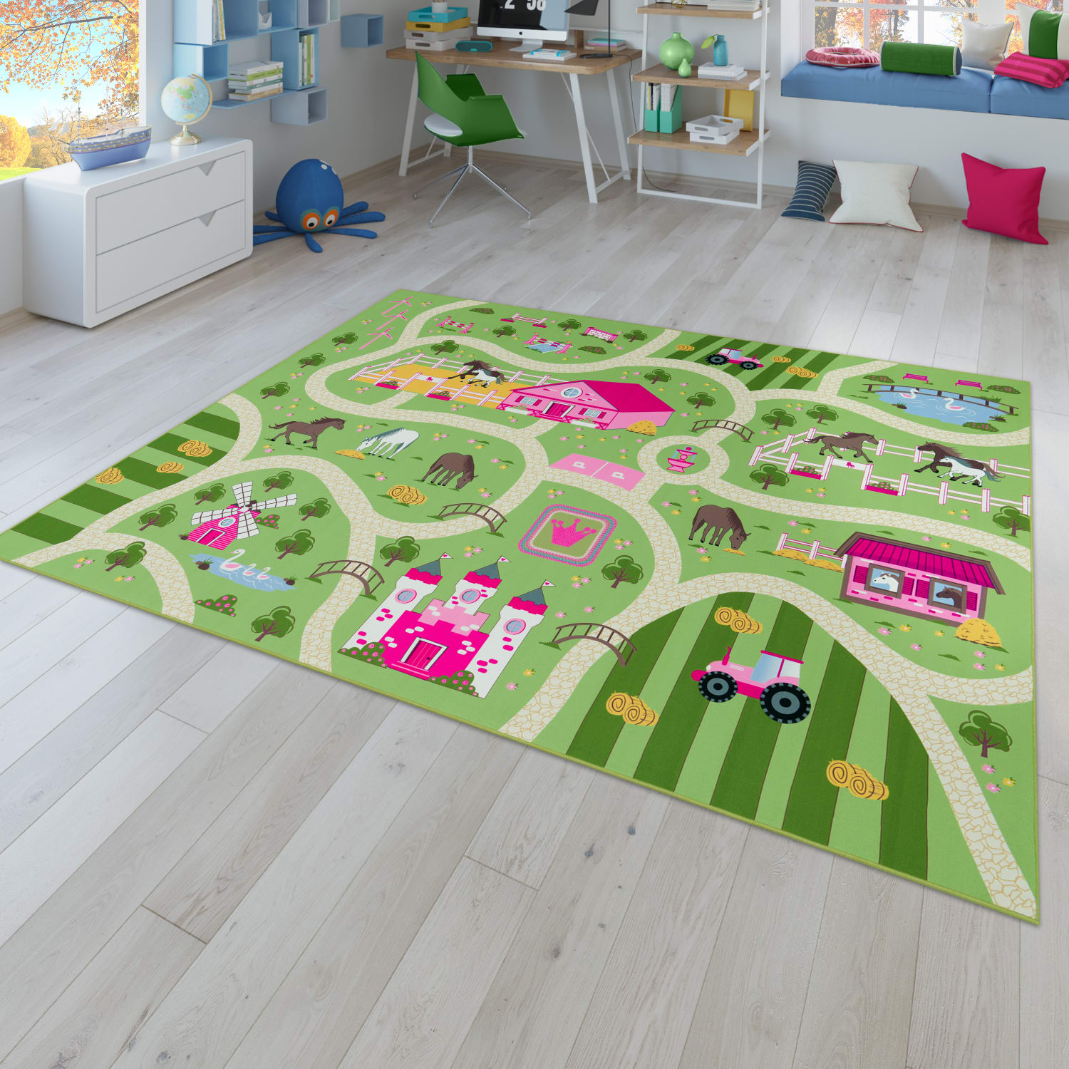 Kinderzimmerteppich Teppich Junge Mädchen Kinderteppich Baby Rutschfest Straße 120 Cm X 160 Cm Grün Rechteckig