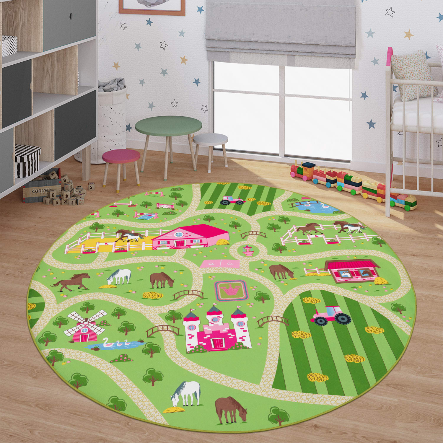 Kinderzimmerteppich Teppich Junge Mädchen Kinderteppich Baby Rutschfest Straße 160 Cm X 160 Cm Grün Rund