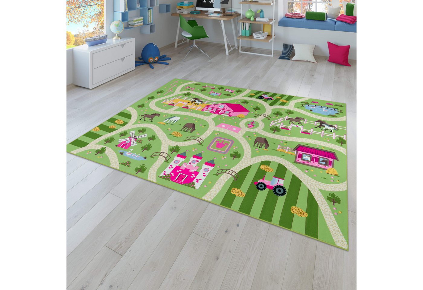 Kinderzimmerteppich Teppich Junge Mädchen Kinderteppich Baby Rutschfest Straße 80 Cm X 150 Cm Grün Rechteckig Bild 2