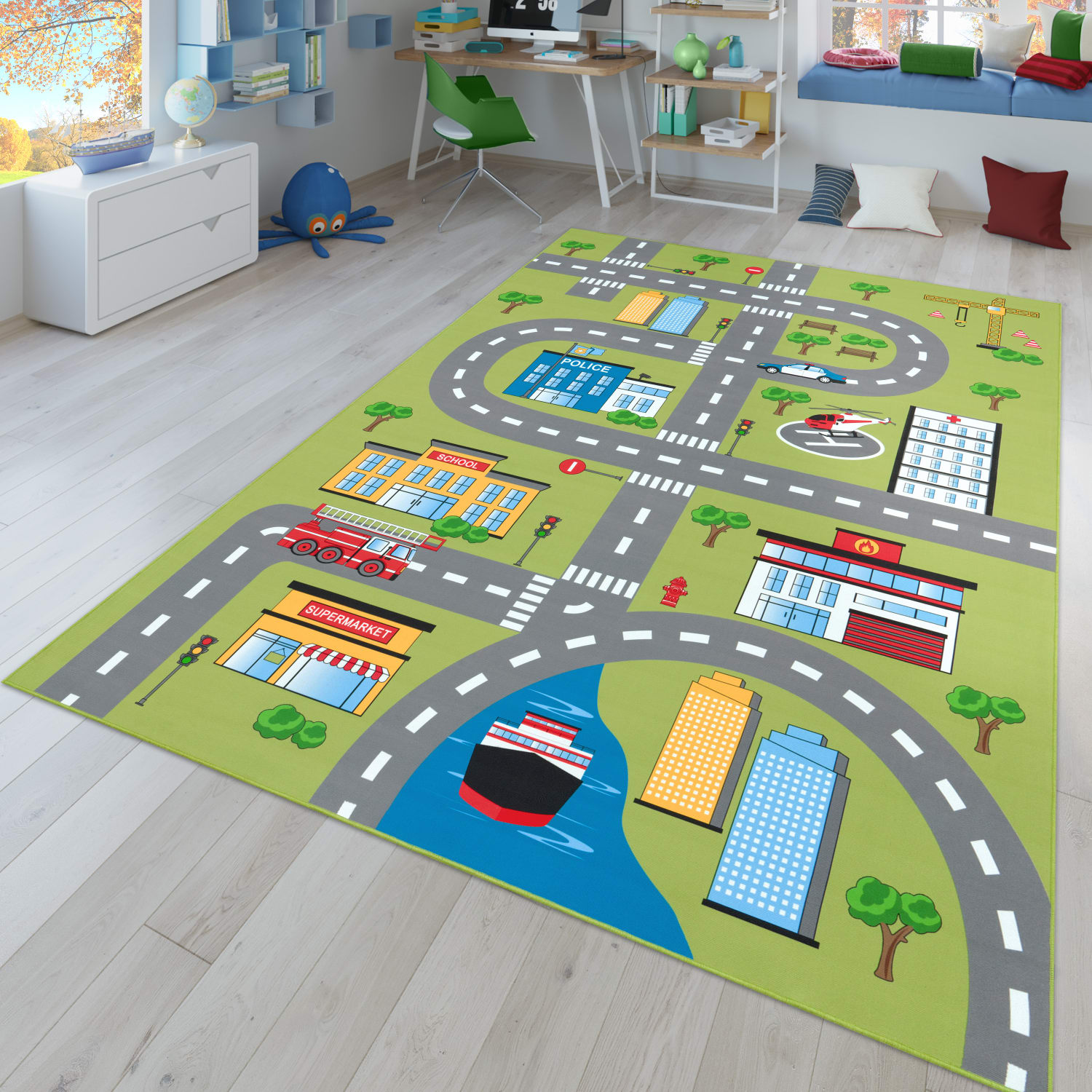 Kinderzimmerteppich Teppich Junge Mädchen Kinderteppich Baby Rutschfest Straße 200 Cm X 290 Cm X 4 Mm Grün Rechteckig