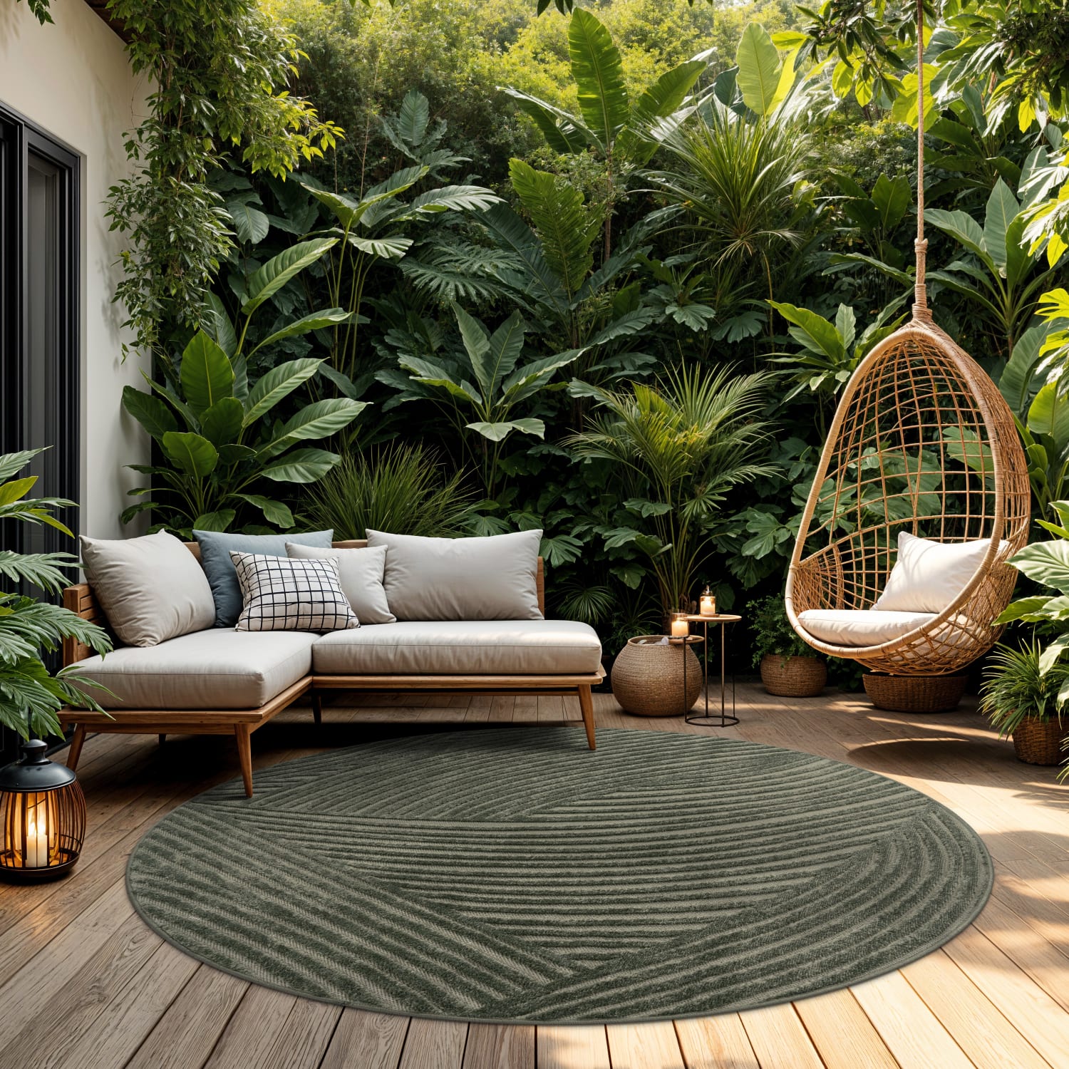 In-& Outdoorteppich Wetterfest Balkon Schlafzimmer Boho Skandi Motiv Unifarben 160 Cm X 160 Cm X 10 Mm Grün Rund
