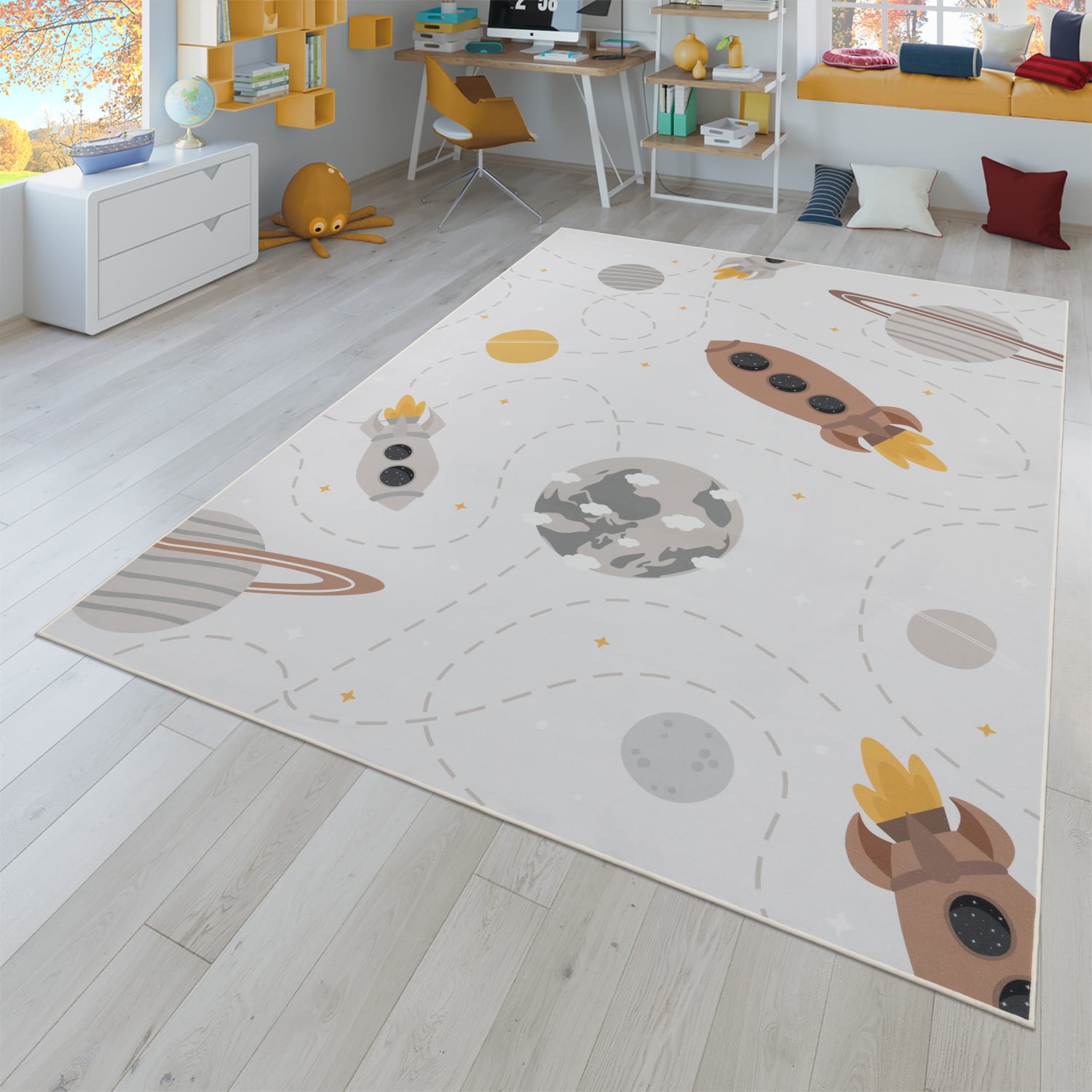 Kinderzimmerteppich Teppich Kinderteppich Rutschfest Planeten Sterne Raketen 160 Cm X 220 Cm Creme Rechteckig