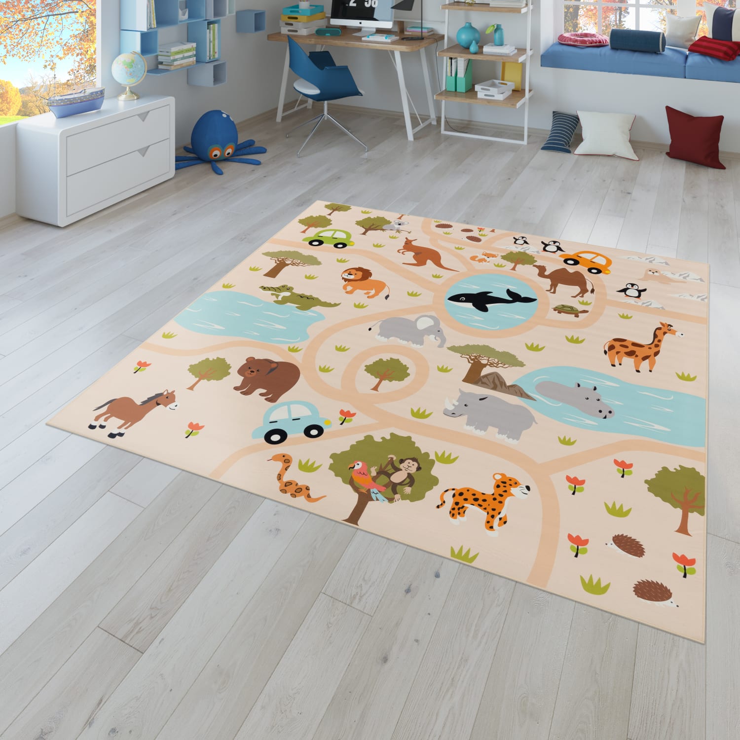 Kinderzimmerteppich Teppich Junge Mädchen Kinderteppich Baby Rutschfest Straße 200 Cm X 200 Cm Mehrfarbig Quadrat