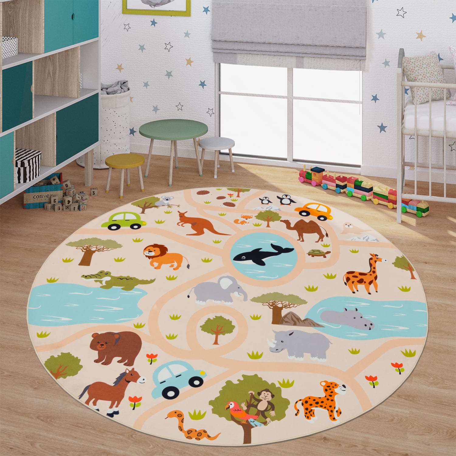Kinderzimmerteppich Teppich Junge Mädchen Kinderteppich Baby Rutschfest Straße 160 Cm X 160 Cm Mehrfarbig Rund