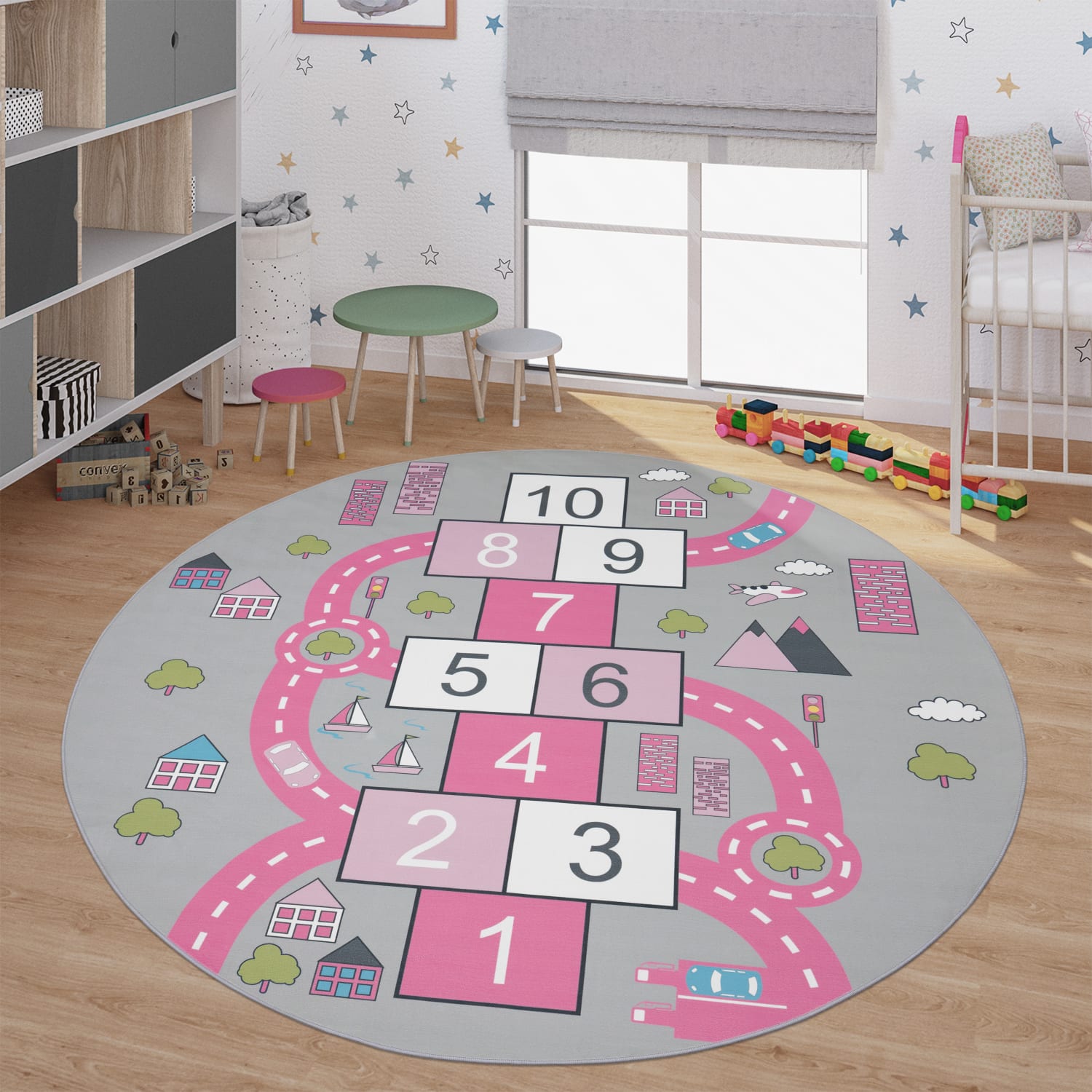 Kinderzimmerteppich Teppich Junge Mädchen Kinderteppich Baby Rutschfest Straße 160 Cm X 160 Cm Pink Rund