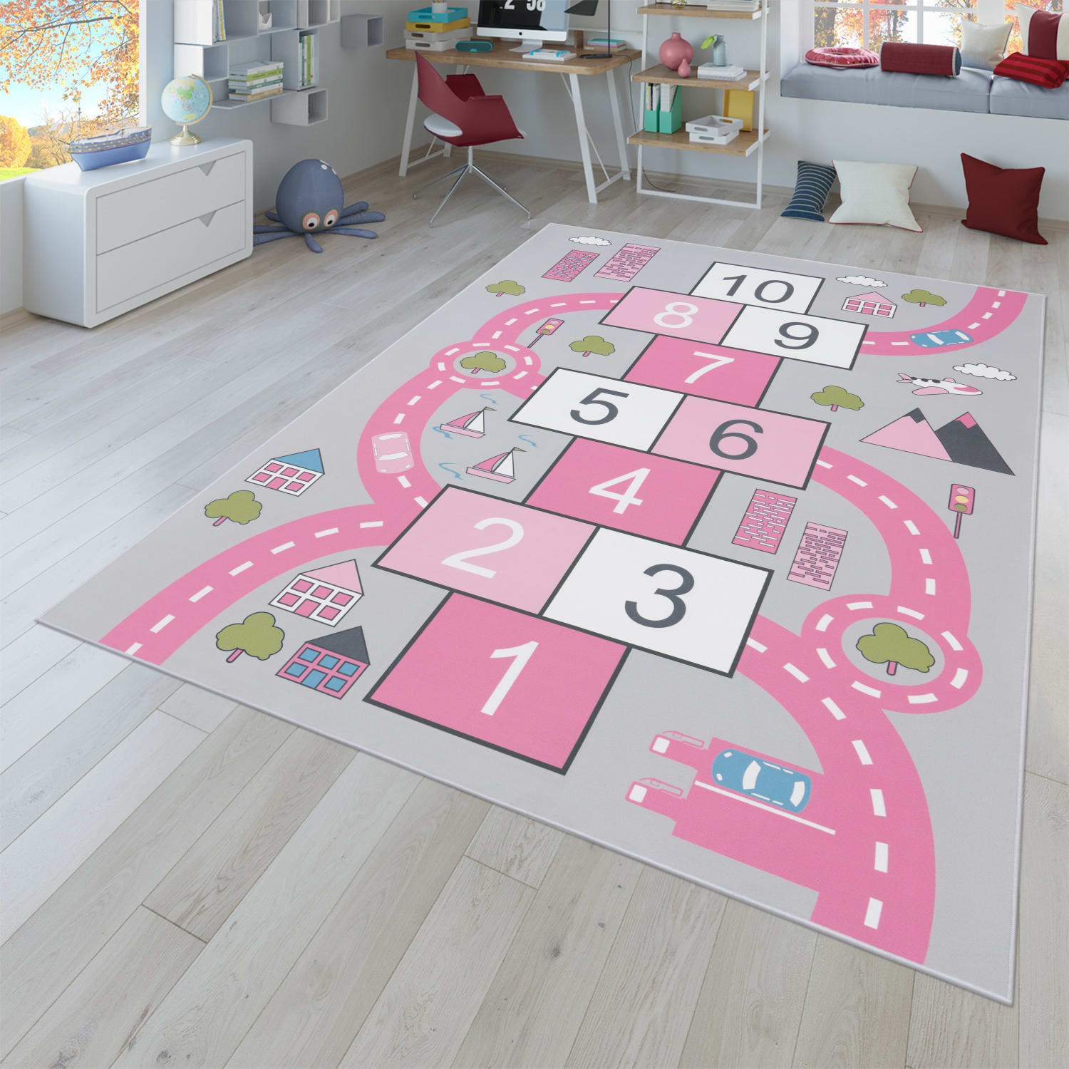 Kinderzimmerteppich Teppich Junge Mädchen Kinderteppich Baby Rutschfest Straße 120 Cm X 160 Cm Pink Rechteckig