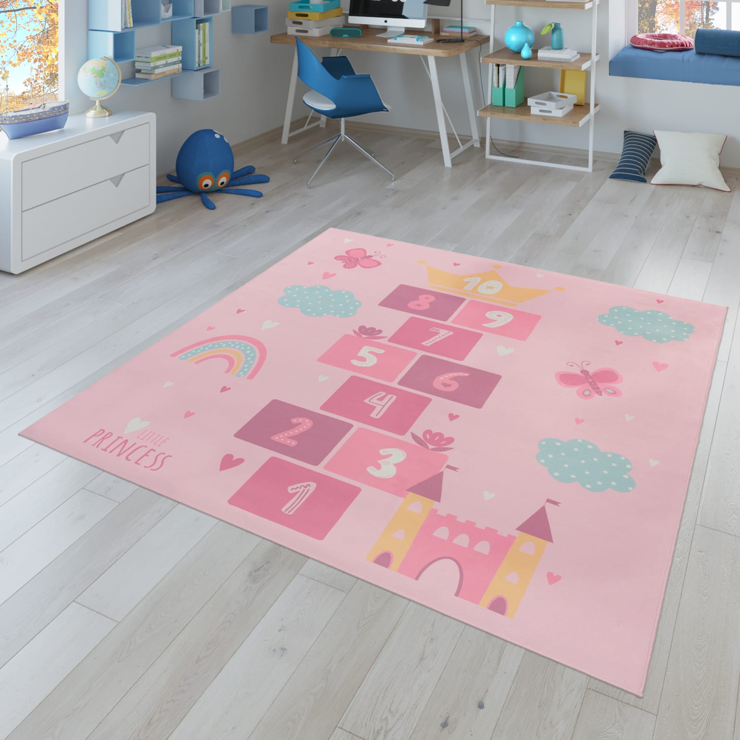 Kinderzimmerteppich Teppich Kinderteppich Rutschfest Herz Wolke Schmetterling 200 Cm X 200 Cm Pink Quadrat