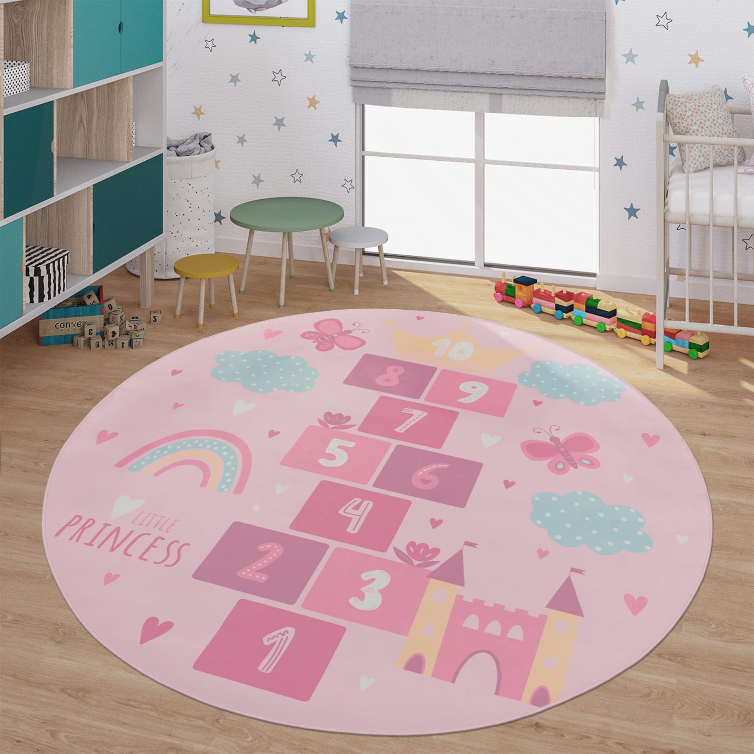 Kinderzimmerteppich Teppich Kinderteppich Rutschfest Herz Wolke Schmetterling 160 Cm X 160 Cm Pink Rund