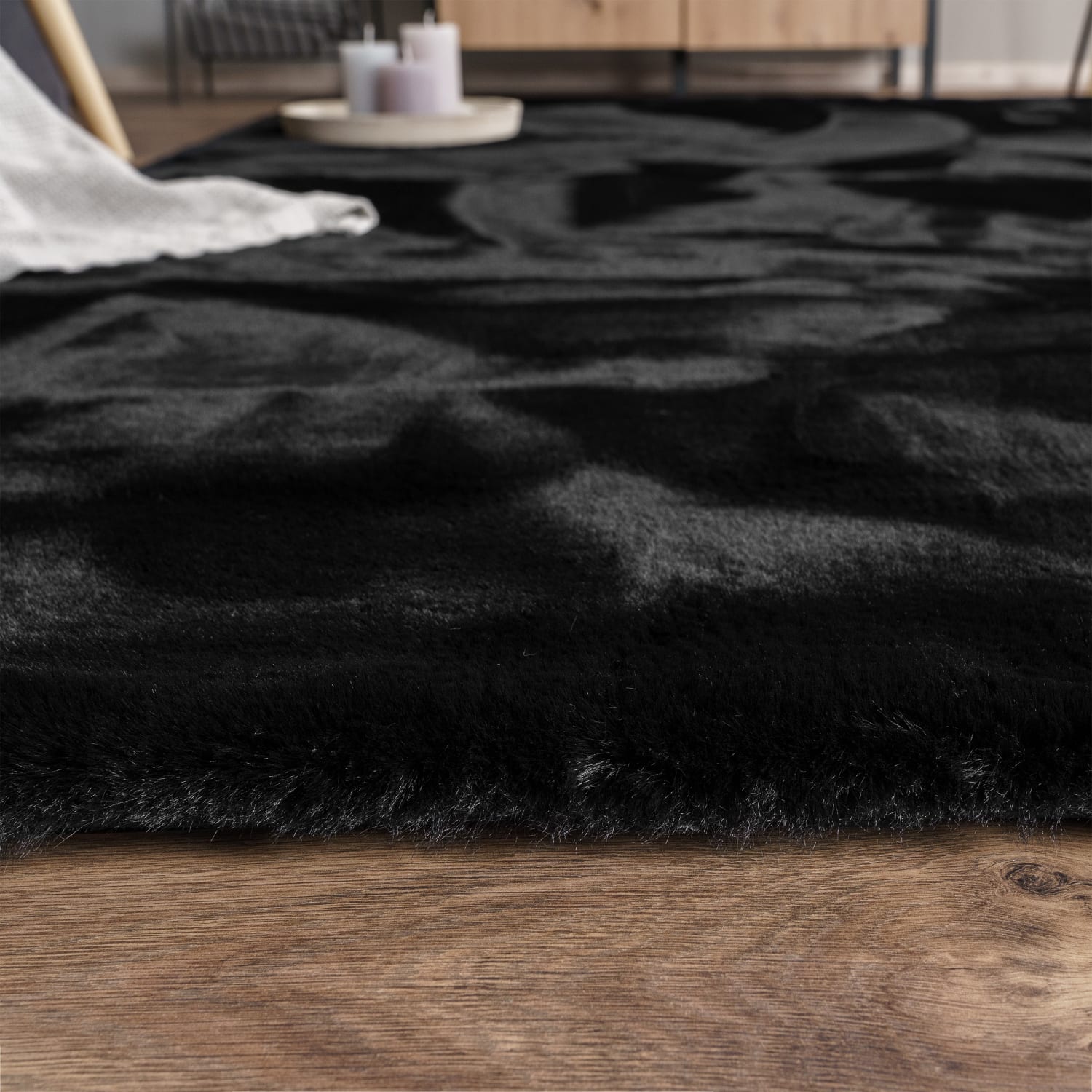 Wohnzimmer Hochflor Teppich Langflor Soft Kaninchenfell Fell Imitat Weich 160 Cm X 160 Cm X 39 Mm Schwarz Rund