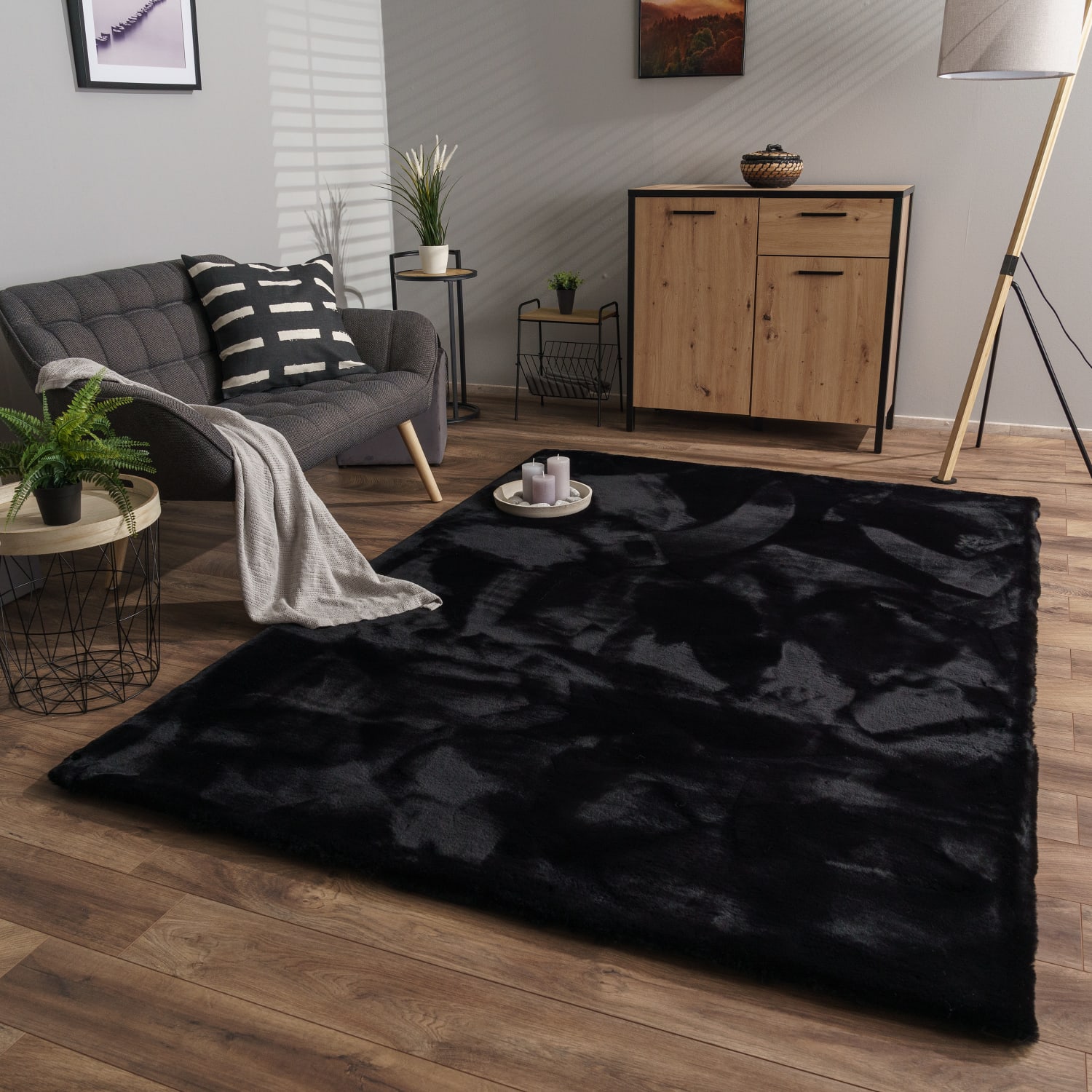 Wohnzimmer Hochflor Teppich Langflor Soft Kaninchenfell Fell Imitat Weich 80 Cm X 150 Cm X 39 Mm Schwarz Rechteckig