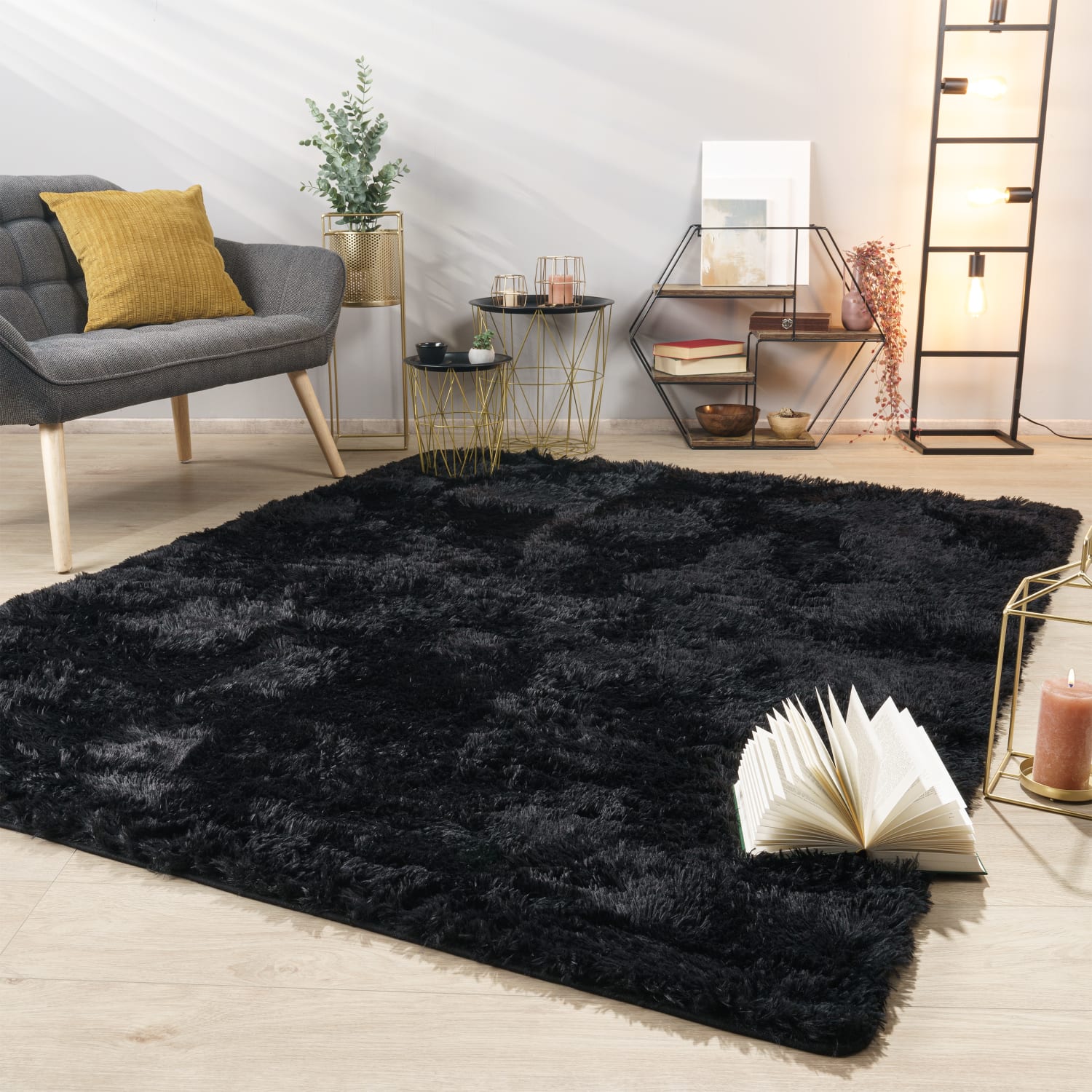Teppich Wohnzimmer Hochflor Langflor Weich Soft Modernes Einfarbiges Design 140 Cm X 200 Cm X 37 Mm Schwarz Rechteckig