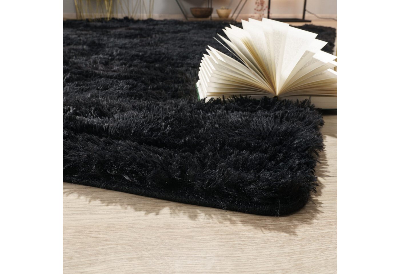 Teppich Wohnzimmer Hochflor Langflor Weich Soft Modernes Einfarbiges Design 60 Cm X 100 Cm X 37 Mm Schwarz Rechteckig Bild 3