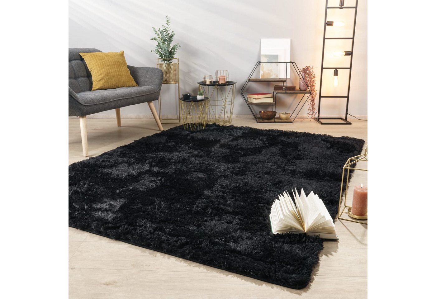 Teppich Wohnzimmer Hochflor Langflor Weich Soft Modernes Einfarbiges Design 60 Cm X 100 Cm X 37 Mm Schwarz Rechteckig Bild 5