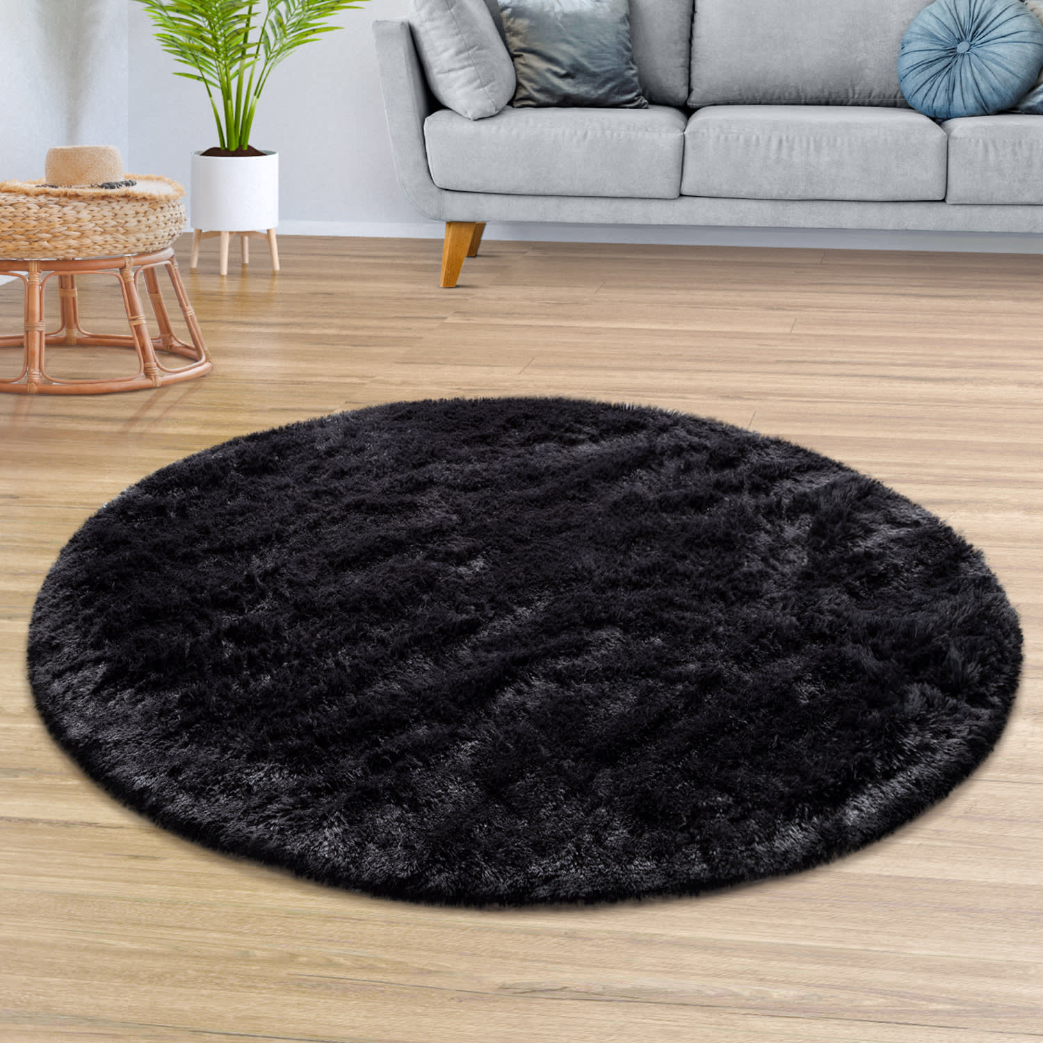 Teppich Wohnzimmer Hochflor Langflor Weich Soft Modernes Einfarbiges Design 120 Cm X 120 Cm X 37 Mm Schwarz Rund