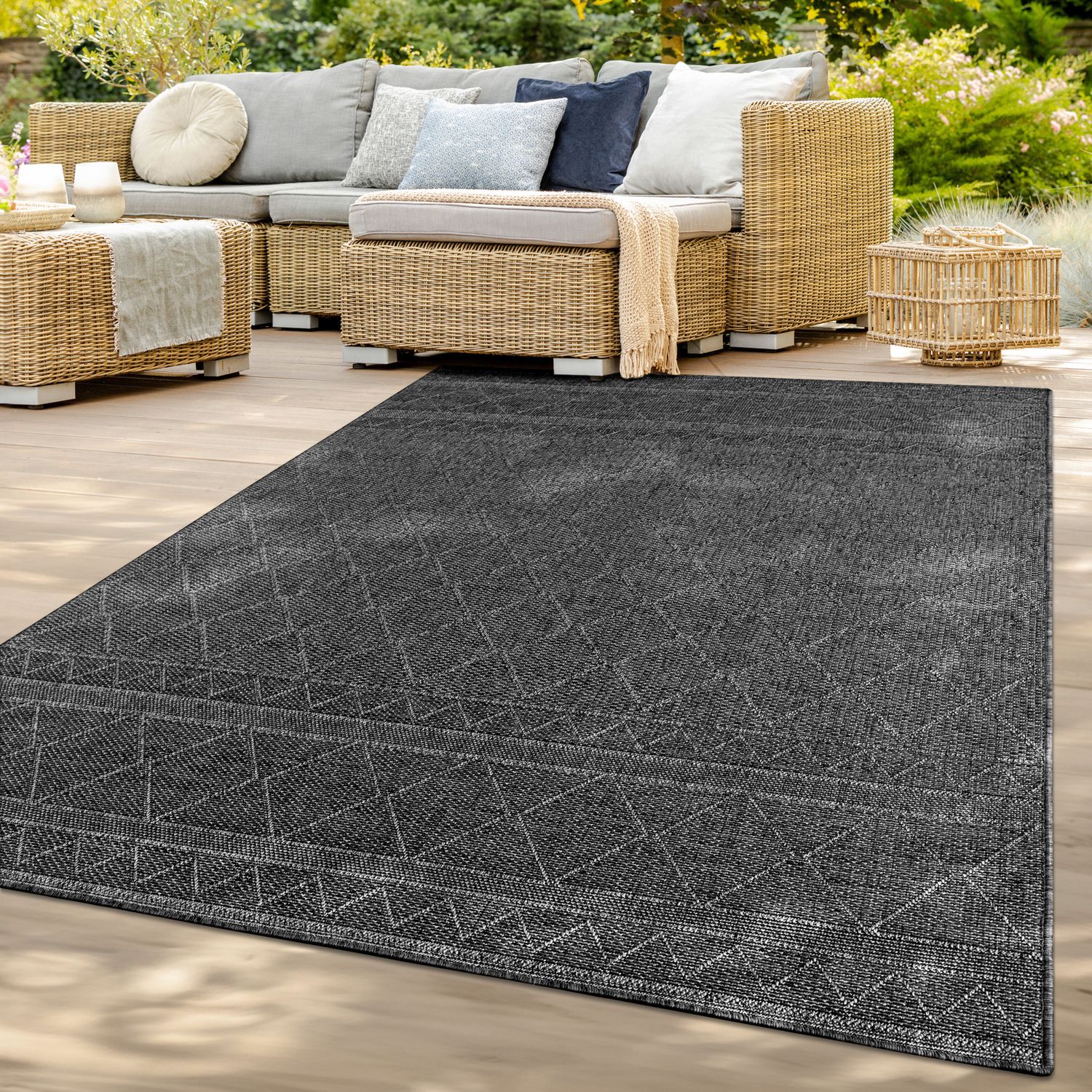 In-& Outdoor Teppich Wetterfest Balkon Küche Wohnzimmerteppich 200 Cm X 200 Cm Schwarz Rund