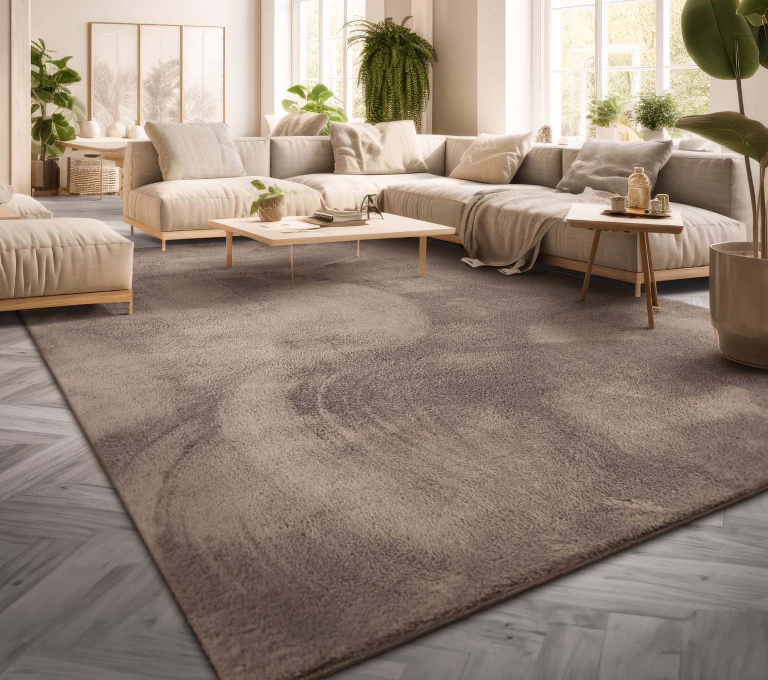 Wohnzimmer Kurzflor Einfarbig Modernes Design Waschbar 200 Cm X 200 Cm X 14 Mm Taupe Quadratisch