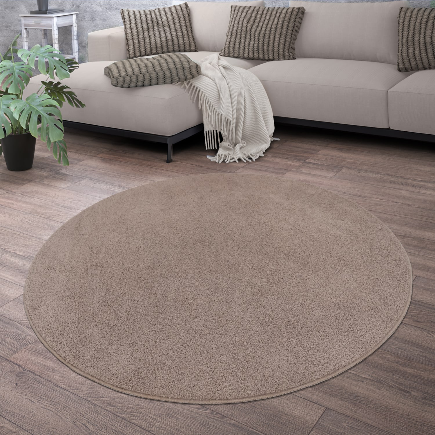 Wohnzimmer Kurzflor Einfarbig Modernes Design Waschbar 80 Cm X 80 Cm X 14 Mm Taupe Rund