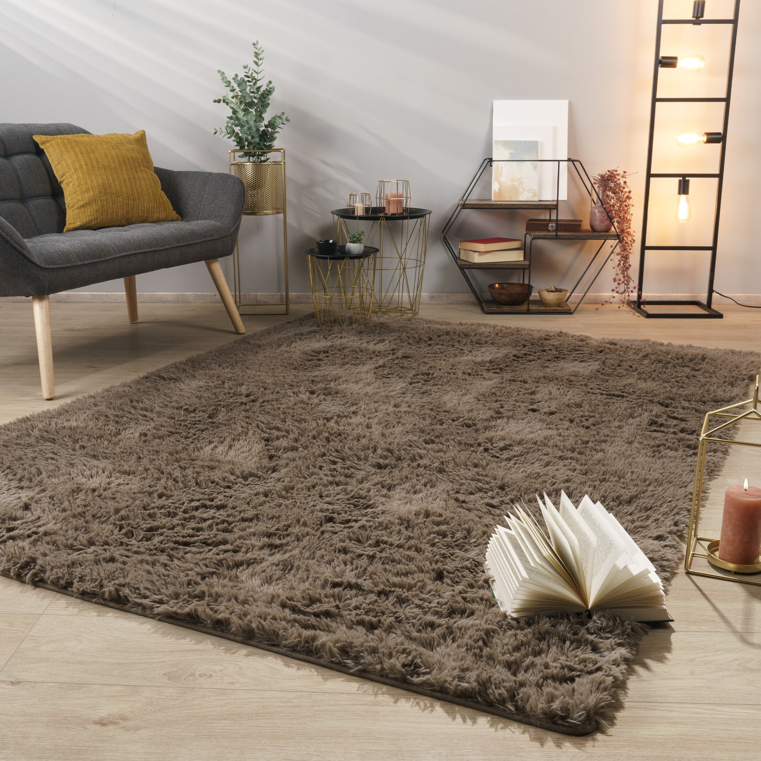 Teppich Wohnzimmer Hochflor Langflor Weich Soft Modernes Einfarbiges Design 160 Cm X 220 Cm X 37 Mm Taupe Rechteckig