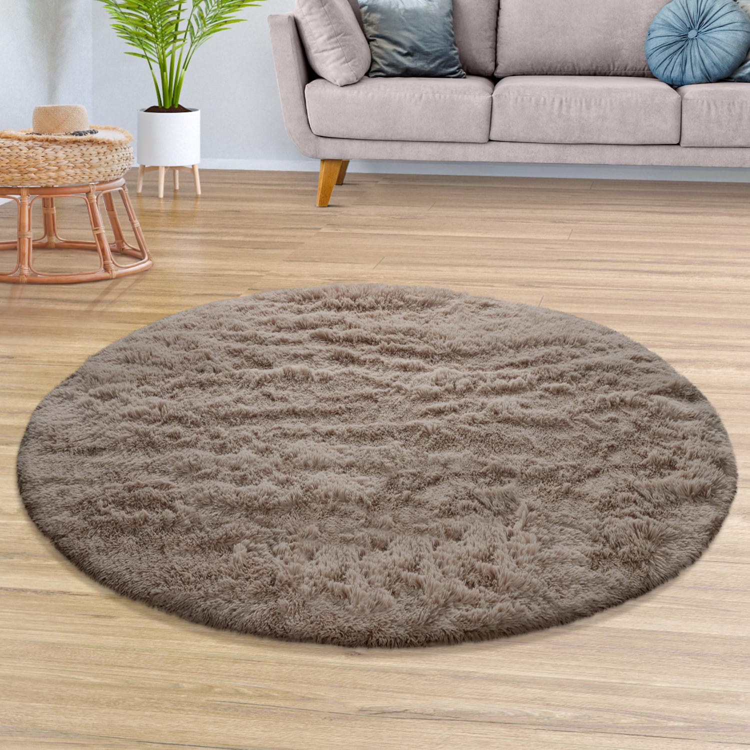 Teppich Wohnzimmer Hochflor Langflor Weich Soft Modernes Einfarbiges Design 120 Cm X 120 Cm X 37 Mm Taupe Rund