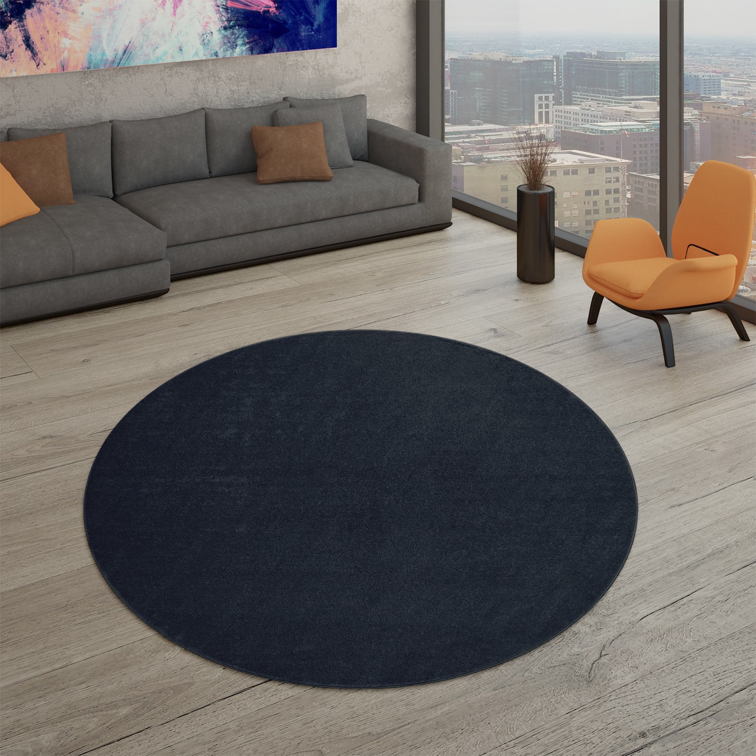 Wohnzimmer Teppich Kurflor Unifarbendes Design Modern Und Zeitlos 200 Cm X 200 Cm X 12 Mm Navy Rund