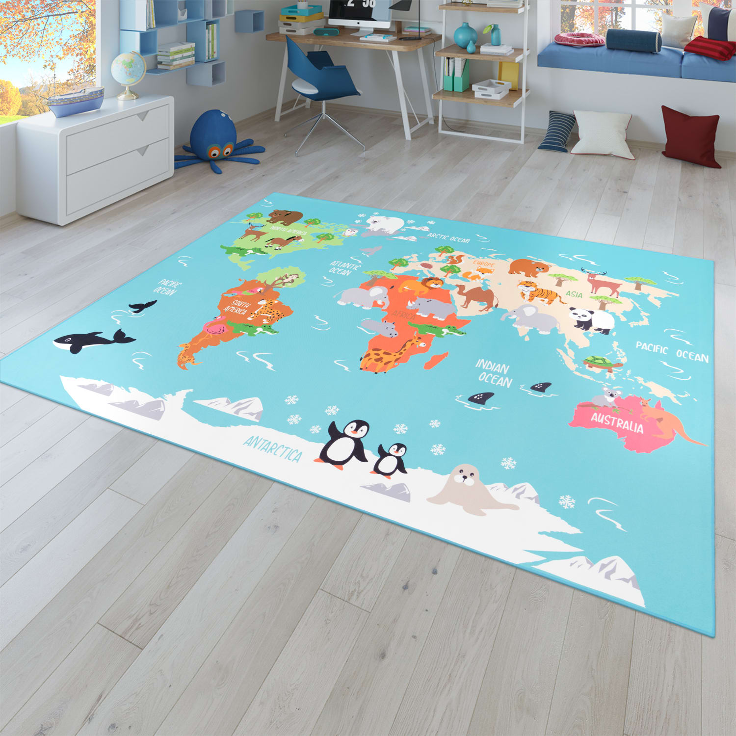 Kinderzimmerteppich Teppich Junge Mädchen Kinderteppich Baby Rutschfest Straße 140 Cm X 200 Cm Türkis Rechteckig