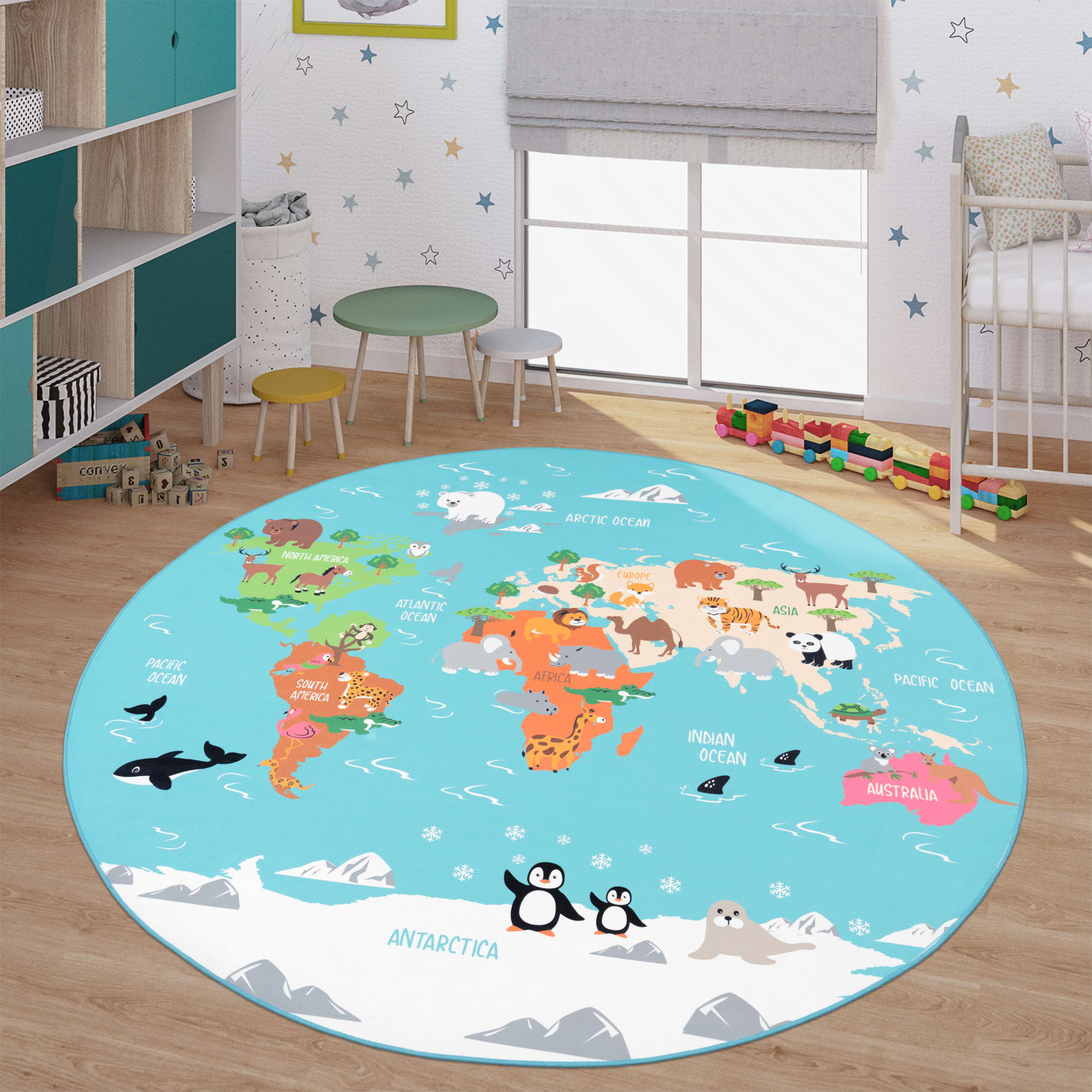 Kinderzimmerteppich Teppich Junge Mädchen Kinderteppich Baby Rutschfest Straße 160 Cm X 160 Cm Türkis Rund