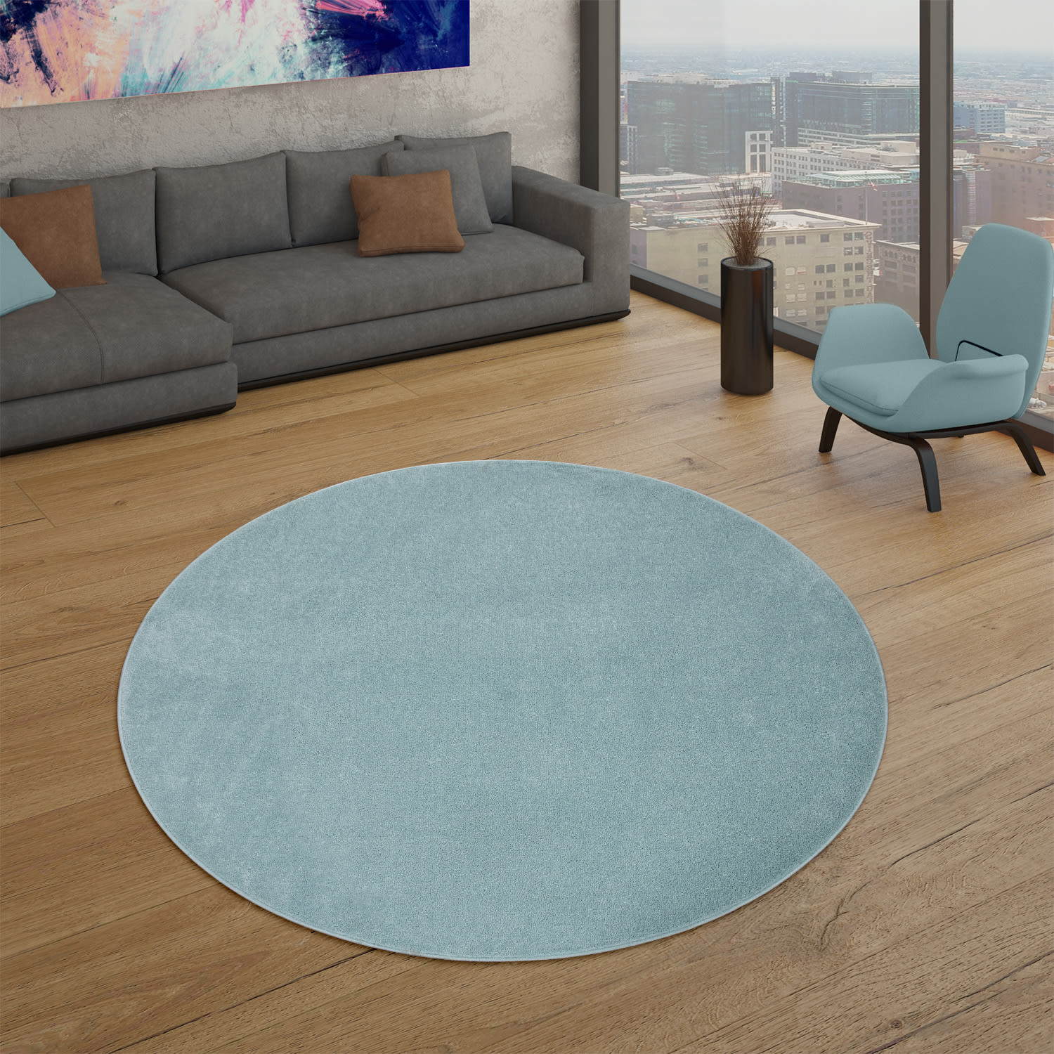 Wohnzimmer Teppich Kurflor Unifarbendes Design Modern Und Zeitlos 120 Cm X 120 Cm X 12 Mm Türkis Rund