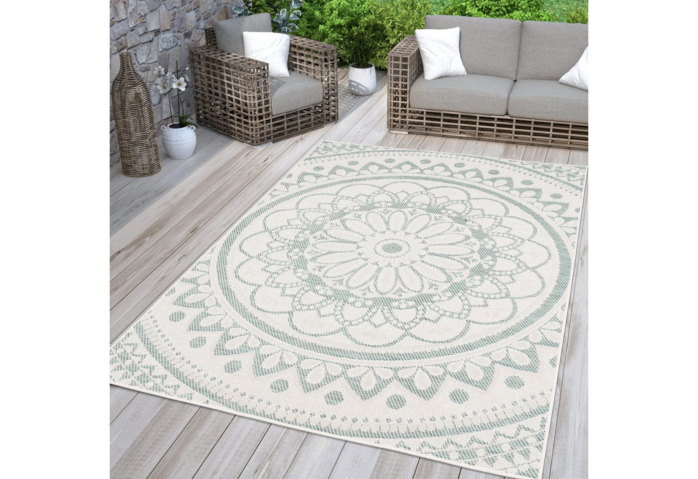 In-& Outdoorteppich Wetterfest Garten Orientalisches Marokkanisches Boho Design 80 Cm X 150 Cm Türkis Rechteckig Bild 3