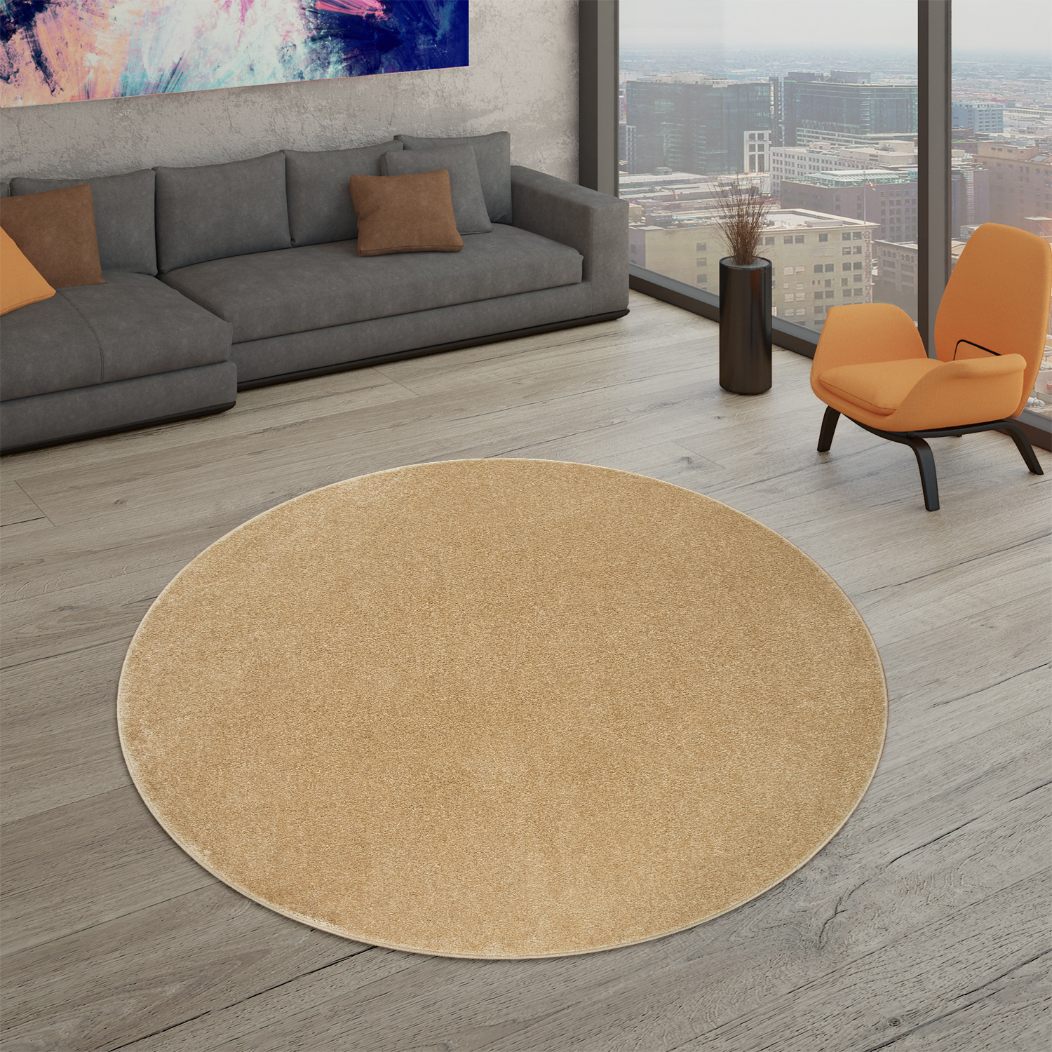 Wohnzimmer Teppich Kurflor Unifarbendes Design Modern Und Zeitlos 160 Cm X 160 Cm X 12 Mm Gold Rund