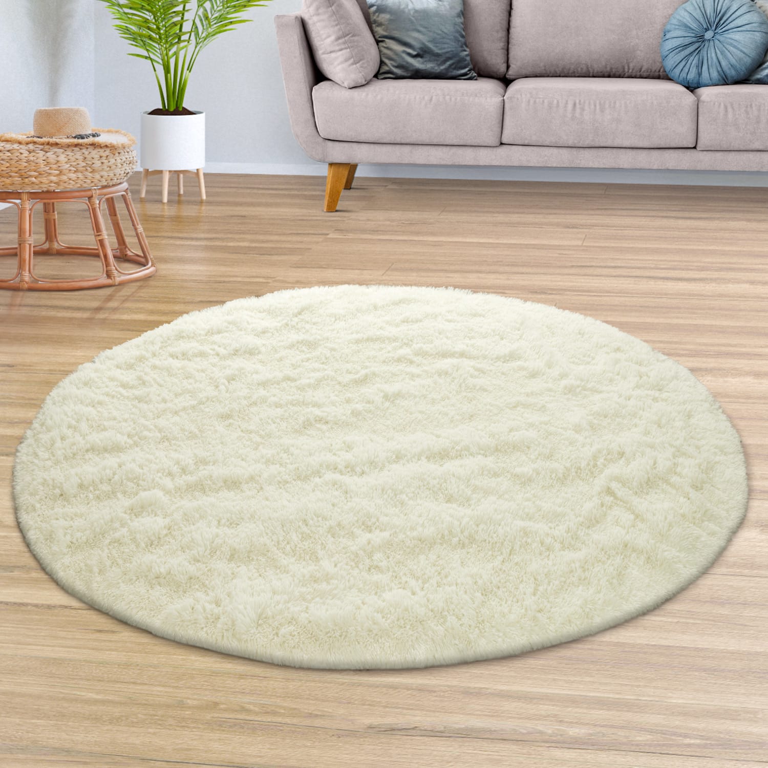 Teppich Wohnzimmer Hochflor Langflor Weich Soft Modernes Einfarbiges Design 120 Cm X 120 Cm X 37 Mm Weiß Rund