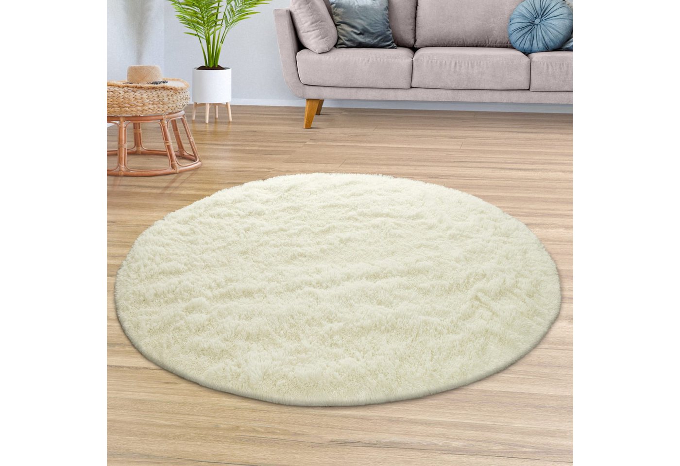 Teppich Wohnzimmer Hochflor Langflor Weich Soft Modernes Einfarbiges Design 80 Cm X 80 Cm X 37 Mm Weiß Rund Bild 3