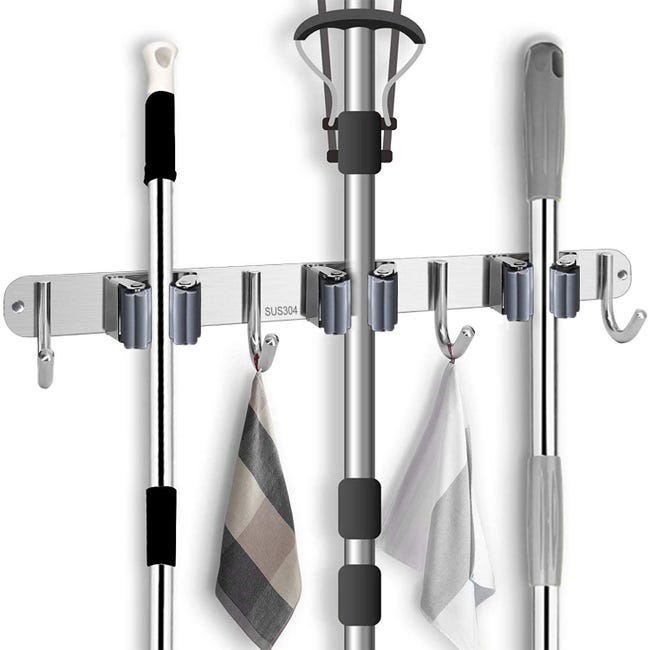 Wandmontierter Besenhalter Aus Edelstahl – Mopphalter Mit 3 Klemmen Und 4 Haken – Aufbewahrung Für Küche, Garten, Balkon, Garage – Praktisches Ablageregal