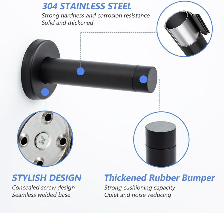 Türstopper, 4er-set, Edelstahl 304, Mit Gummifüßen – Zur Wandmontage, Schalldicht, Schwarz (breite: 50 Mm)