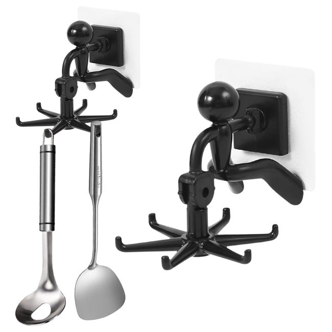 2-teiliger Küchenutensilienhalter, Küchenutensilienständer Mit 6 Haken, 360° Drehbare, Selbstklebende Haken, Für Küche/badezimmer (schwarz)